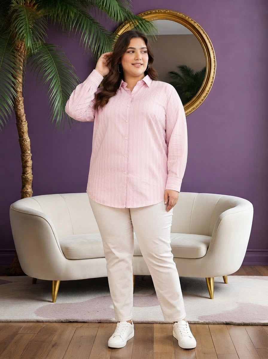 Plus Size Pink Stripe Cotton Shirt