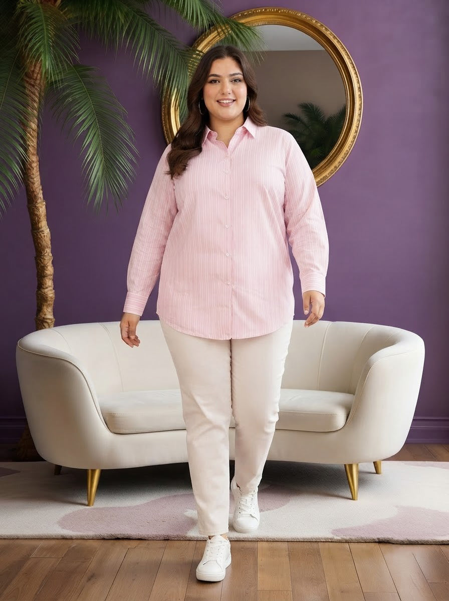 Plus Size Pink Stripe Cotton Shirt