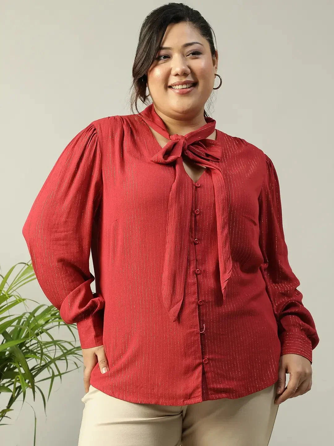 red-lurex-rayon-solid-v-neck-with-tie-knot-belt-long-sleeve-plus-size-women-top