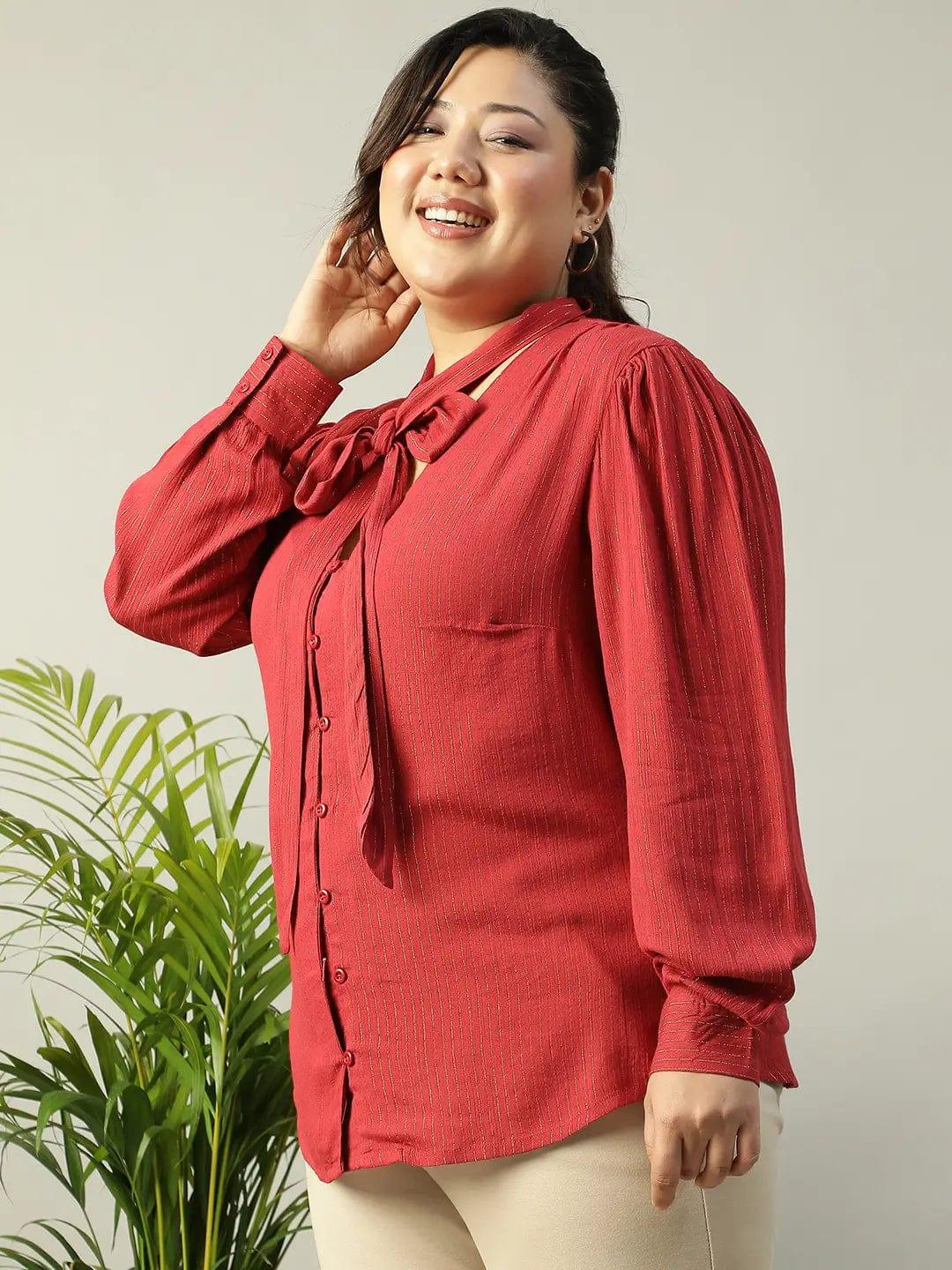 red-lurex-rayon-solid-v-neck-with-tie-knot-belt-long-sleeve-plus-size-women-top