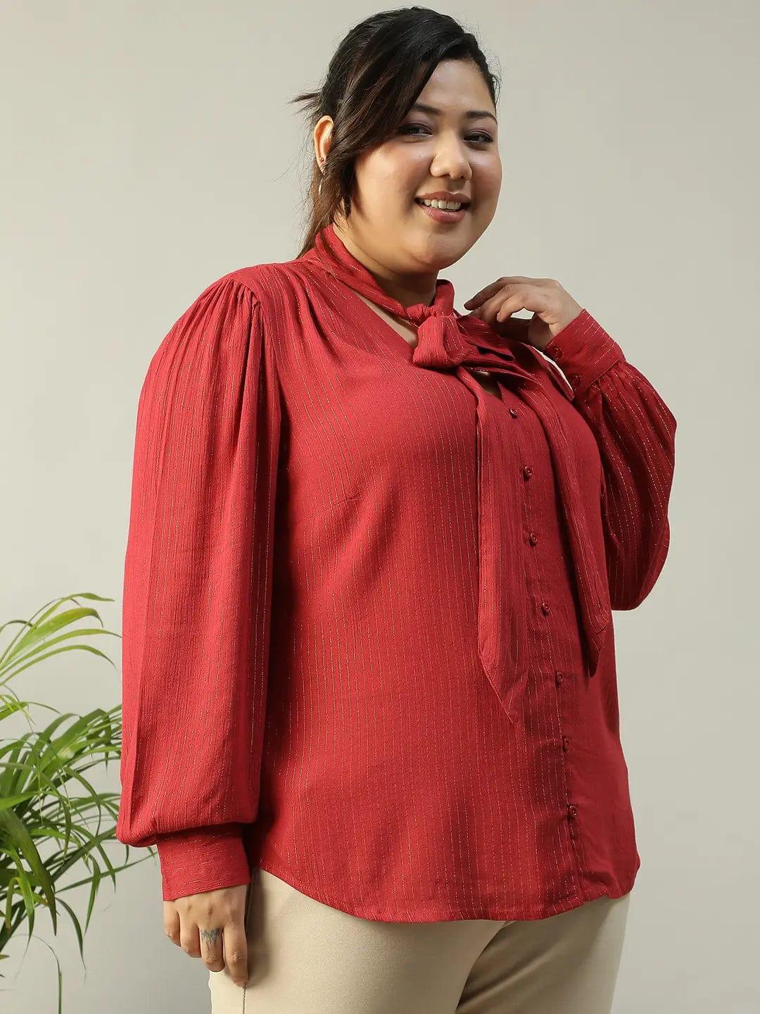 red-lurex-rayon-solid-v-neck-with-tie-knot-belt-long-sleeve-plus-size-women-top
