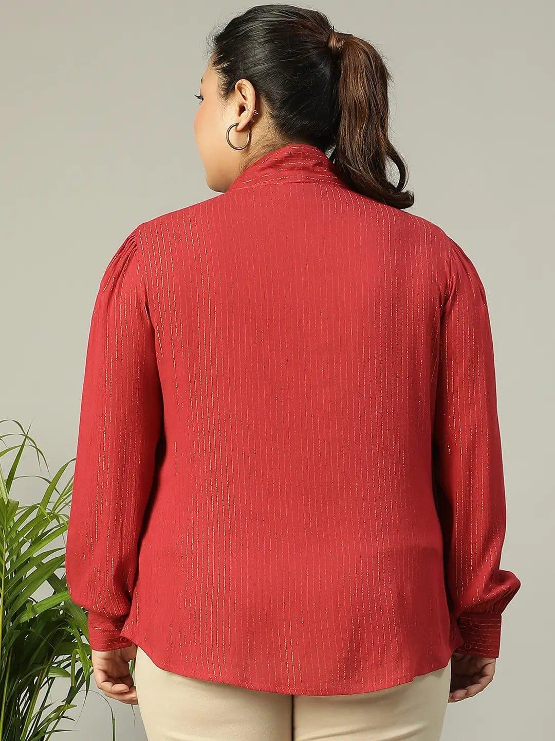 red-lurex-rayon-solid-v-neck-with-tie-knot-belt-long-sleeve-plus-size-women-top