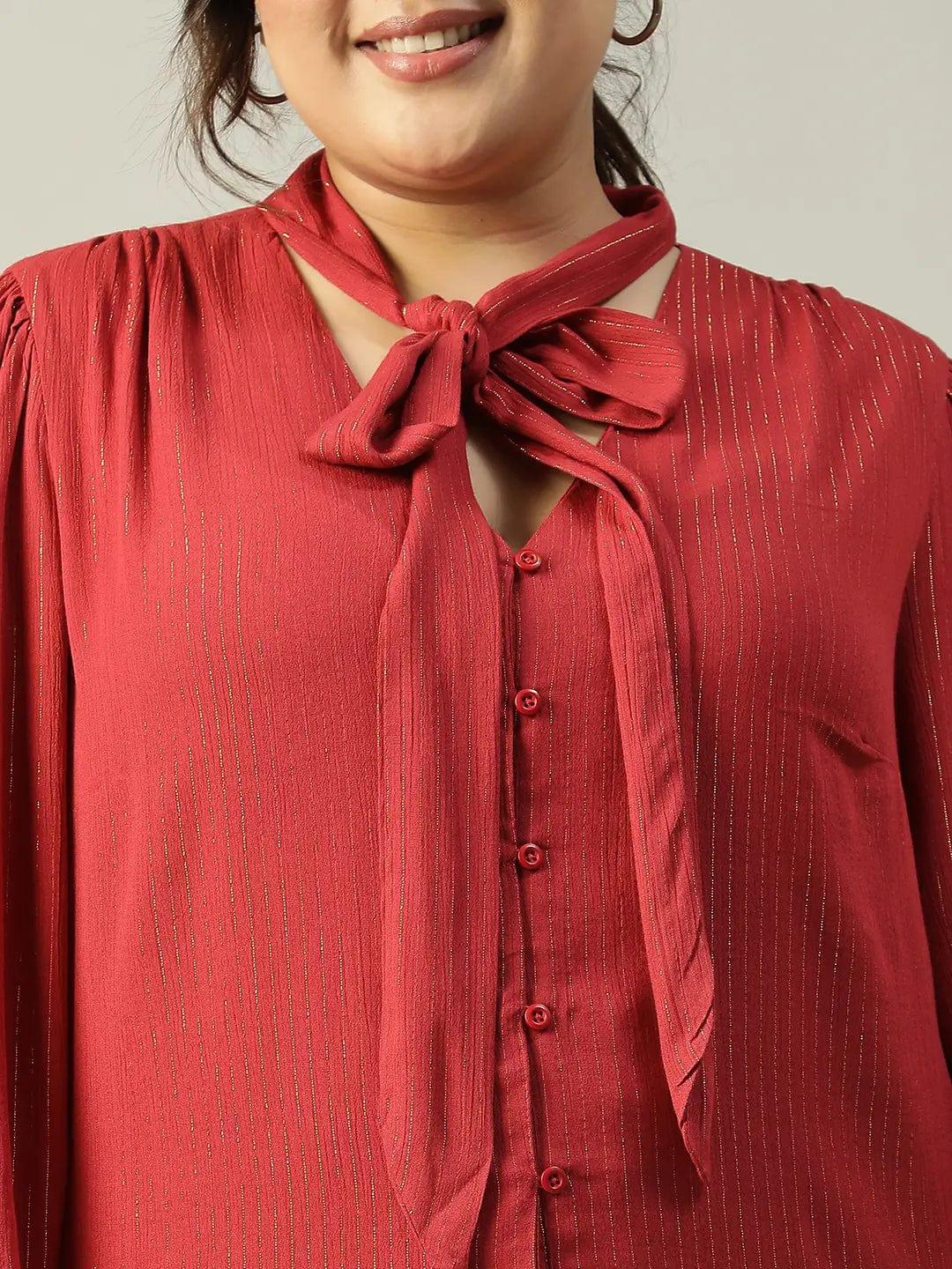 red-lurex-rayon-solid-v-neck-with-tie-knot-belt-long-sleeve-plus-size-women-top