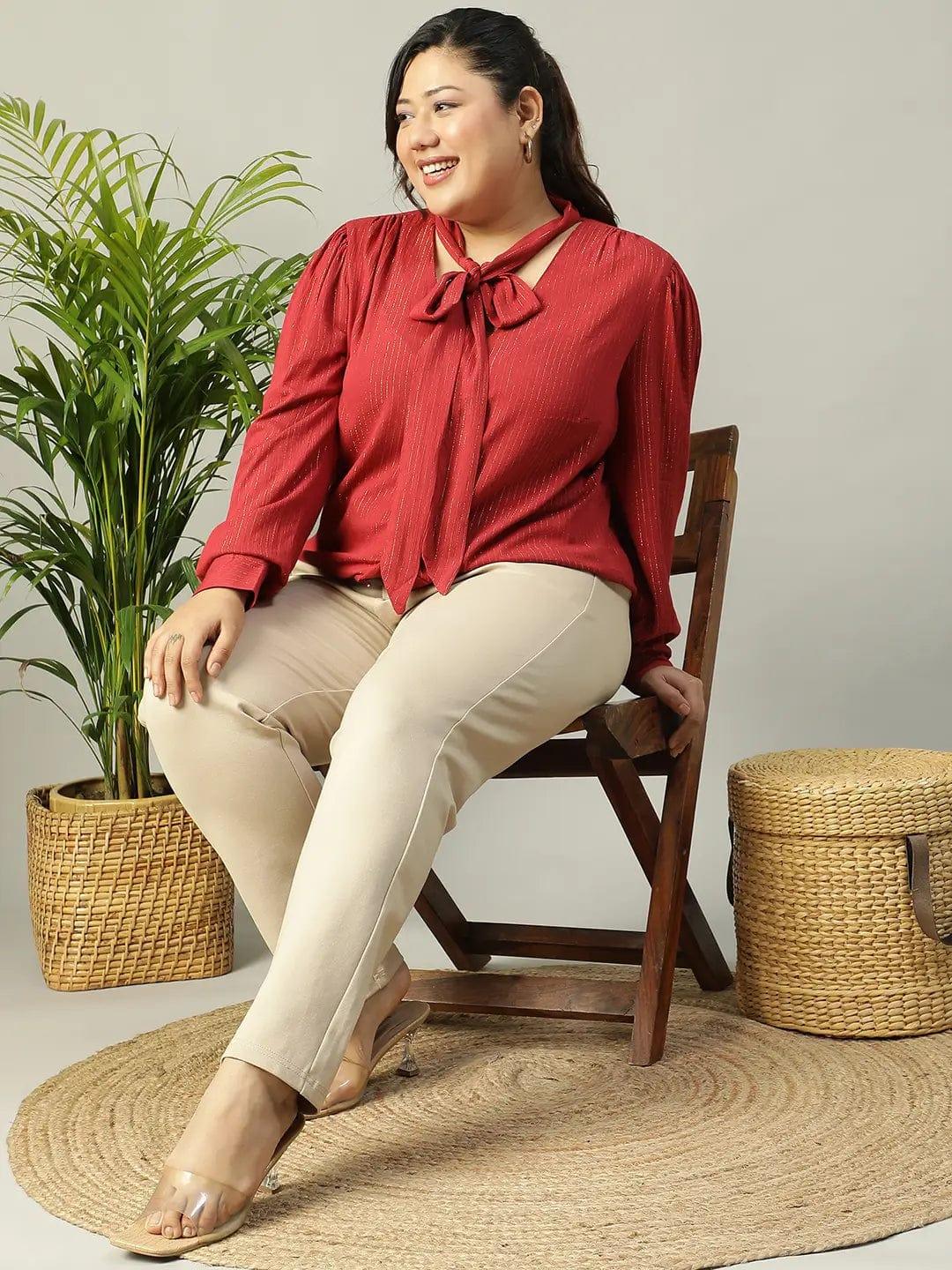red-lurex-rayon-solid-v-neck-with-tie-knot-belt-long-sleeve-plus-size-women-top