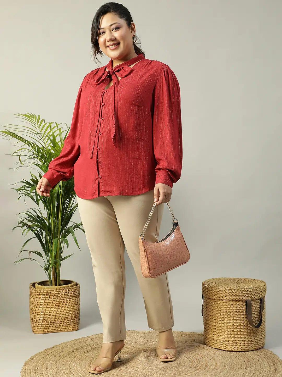 red-lurex-rayon-solid-v-neck-with-tie-knot-belt-long-sleeve-plus-size-women-top