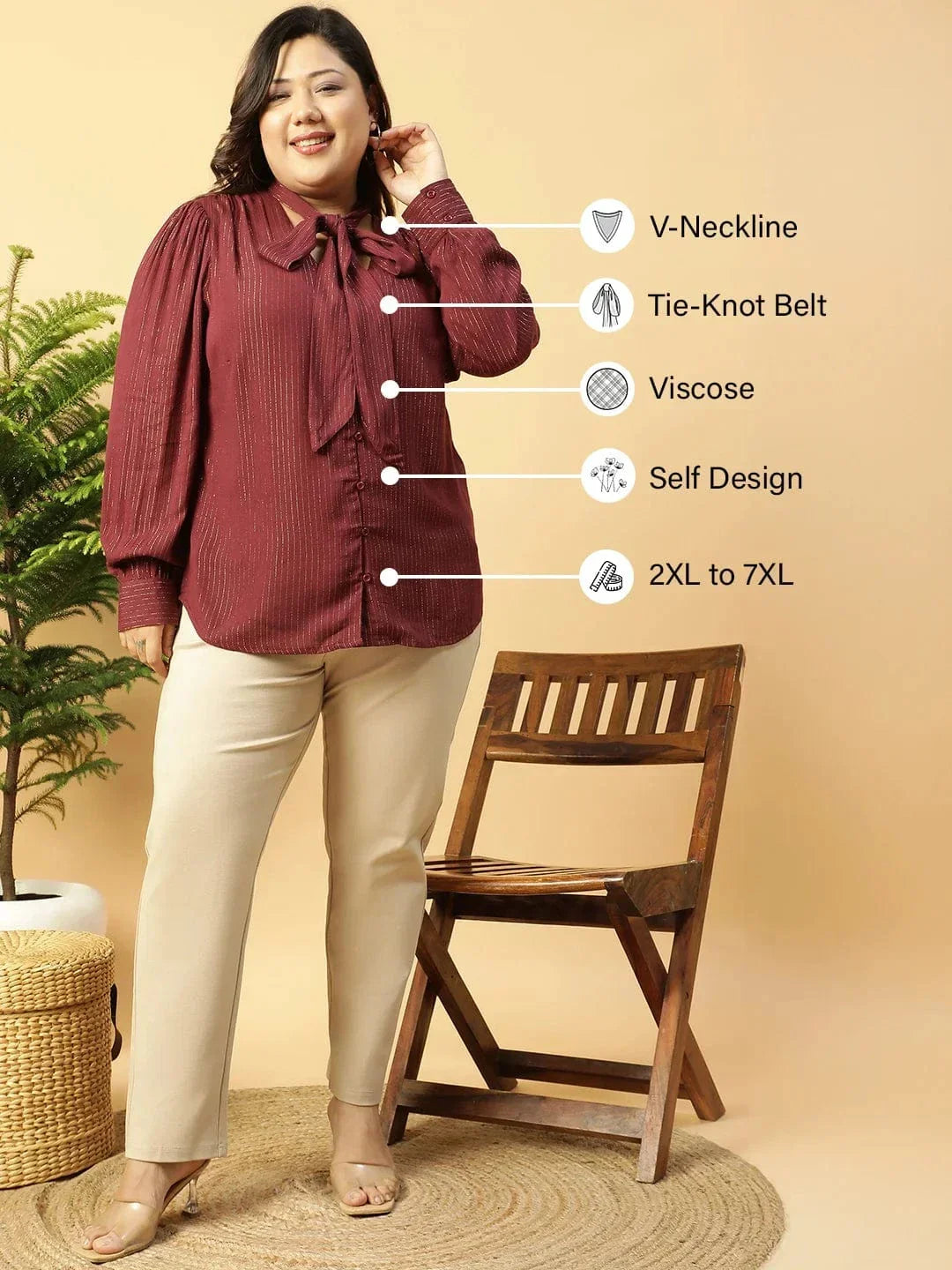 Maroon Lurex rayon V- Neck With Tie-knot Belt Long Sleeve Plus Size Women Top - oxolloxo