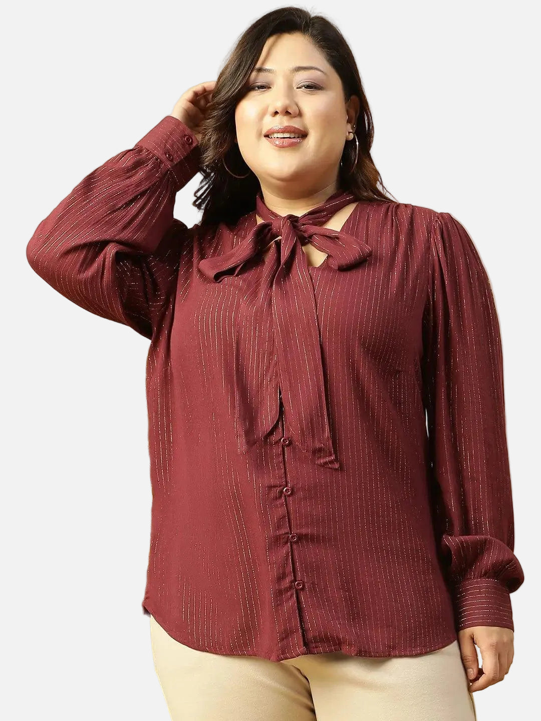 Maroon Lurex rayon V- Neck With Tie-knot Belt Long Sleeve Plus Size Women Top - oxolloxo