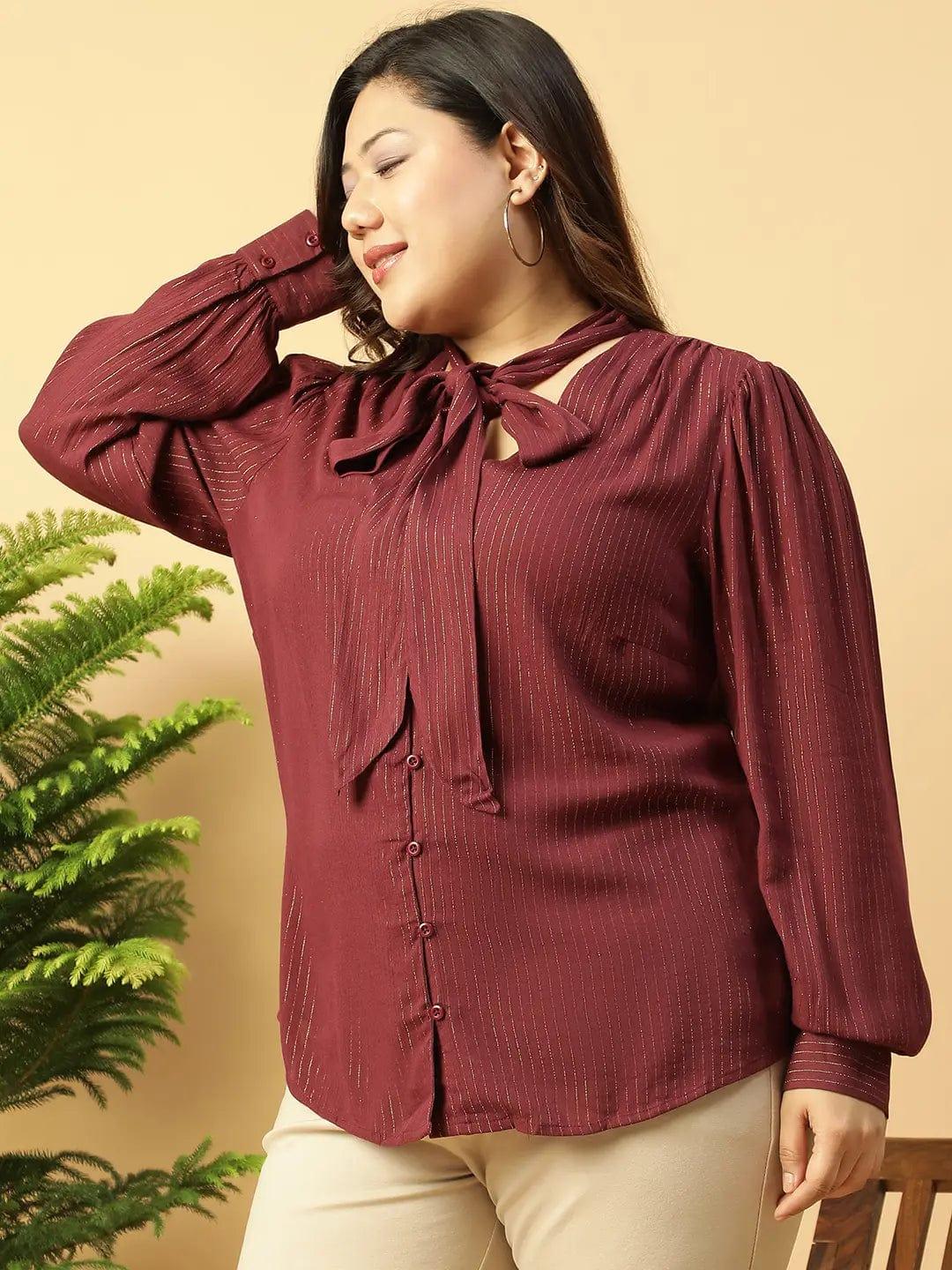 Maroon Lurex rayon V- Neck With Tie-knot Belt Long Sleeve Plus Size Women Top - oxolloxo