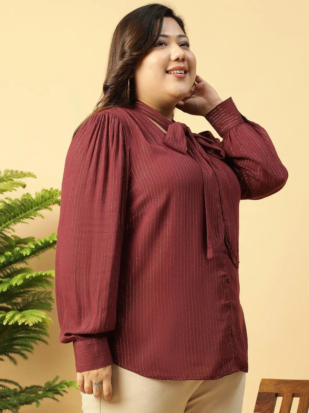 Maroon Lurex rayon V- Neck With Tie-knot Belt Long Sleeve Plus Size Women Top - oxolloxo