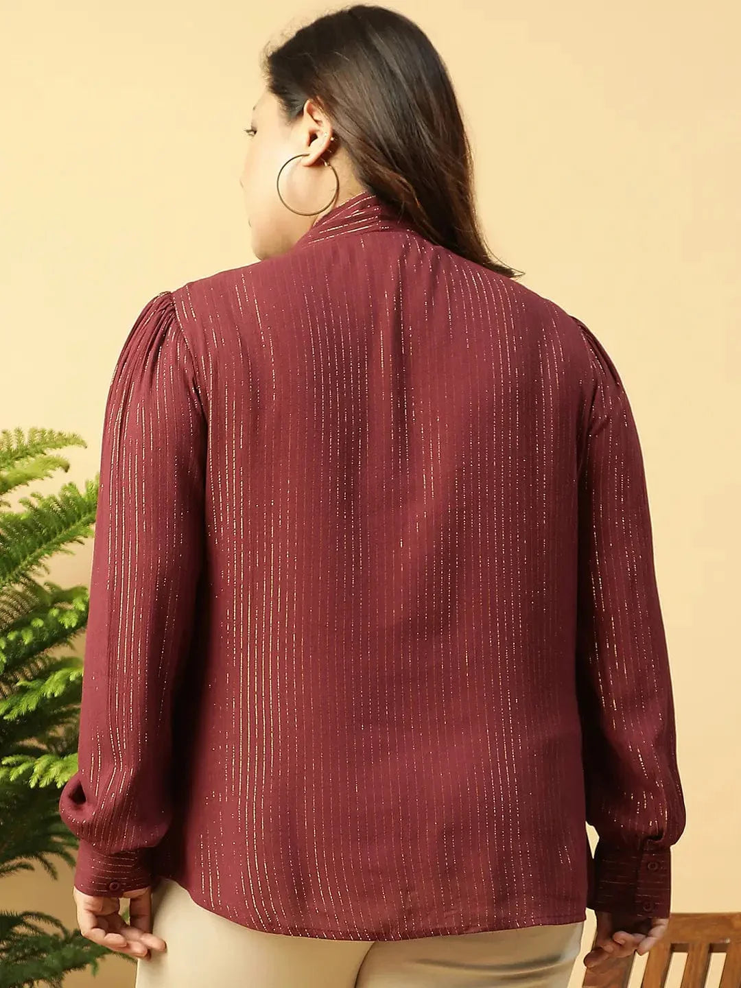 Maroon Lurex rayon V- Neck With Tie-knot Belt Long Sleeve Plus Size Women Top - oxolloxo