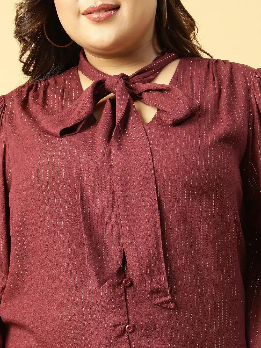 Maroon Lurex rayon V- Neck With Tie-knot Belt Long Sleeve Plus Size Women Top - oxolloxo