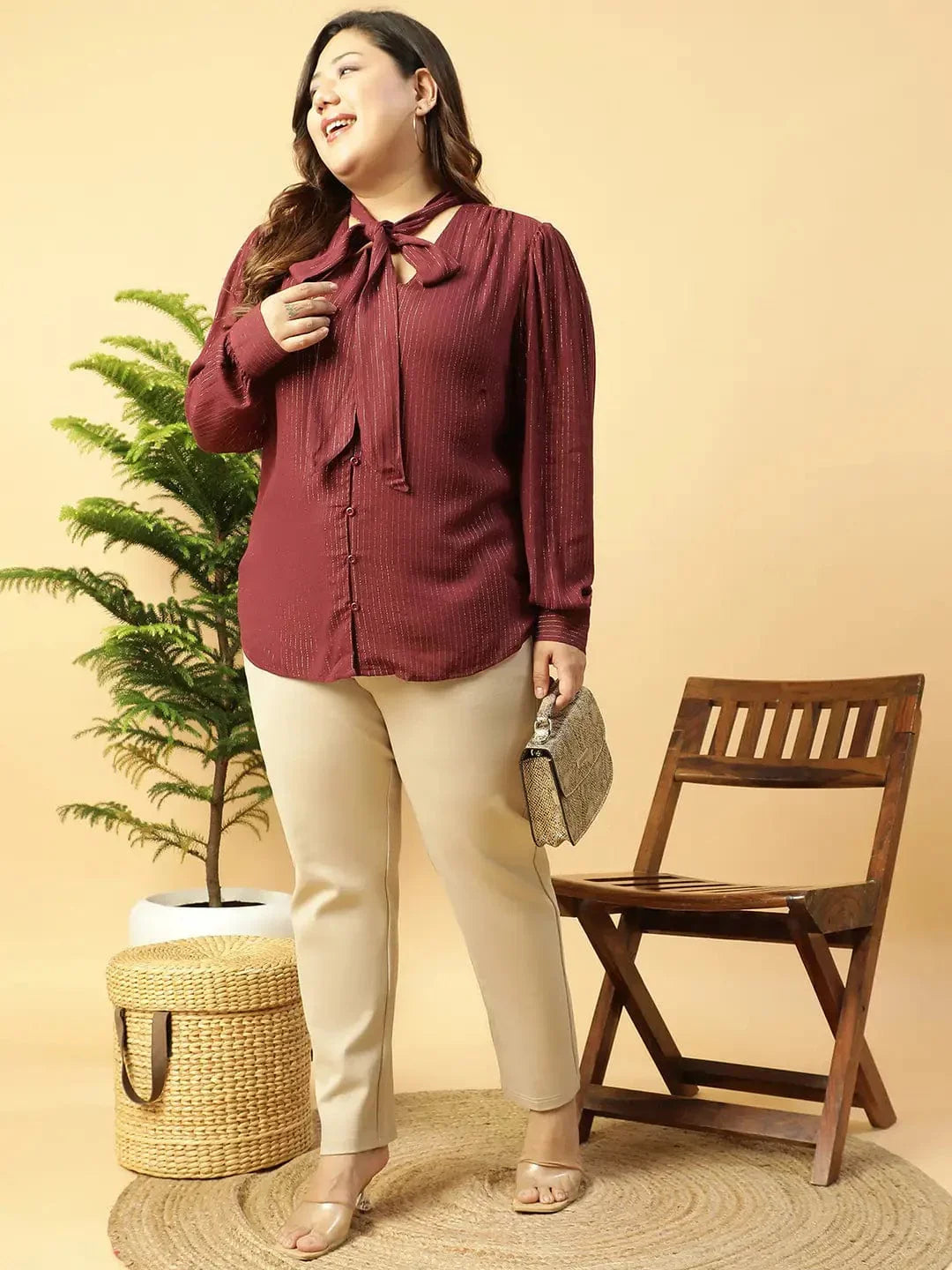 Maroon Lurex rayon V- Neck With Tie-knot Belt Long Sleeve Plus Size Women Top - oxolloxo