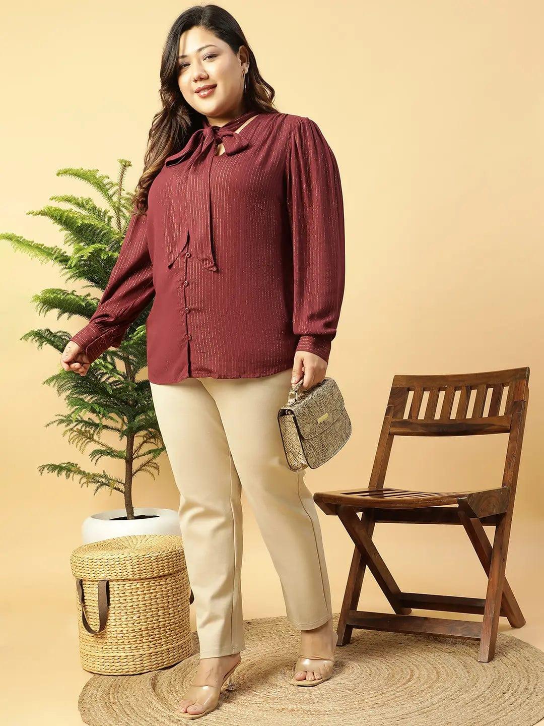 Maroon Lurex rayon V- Neck With Tie-knot Belt Long Sleeve Plus Size Women Top - oxolloxo