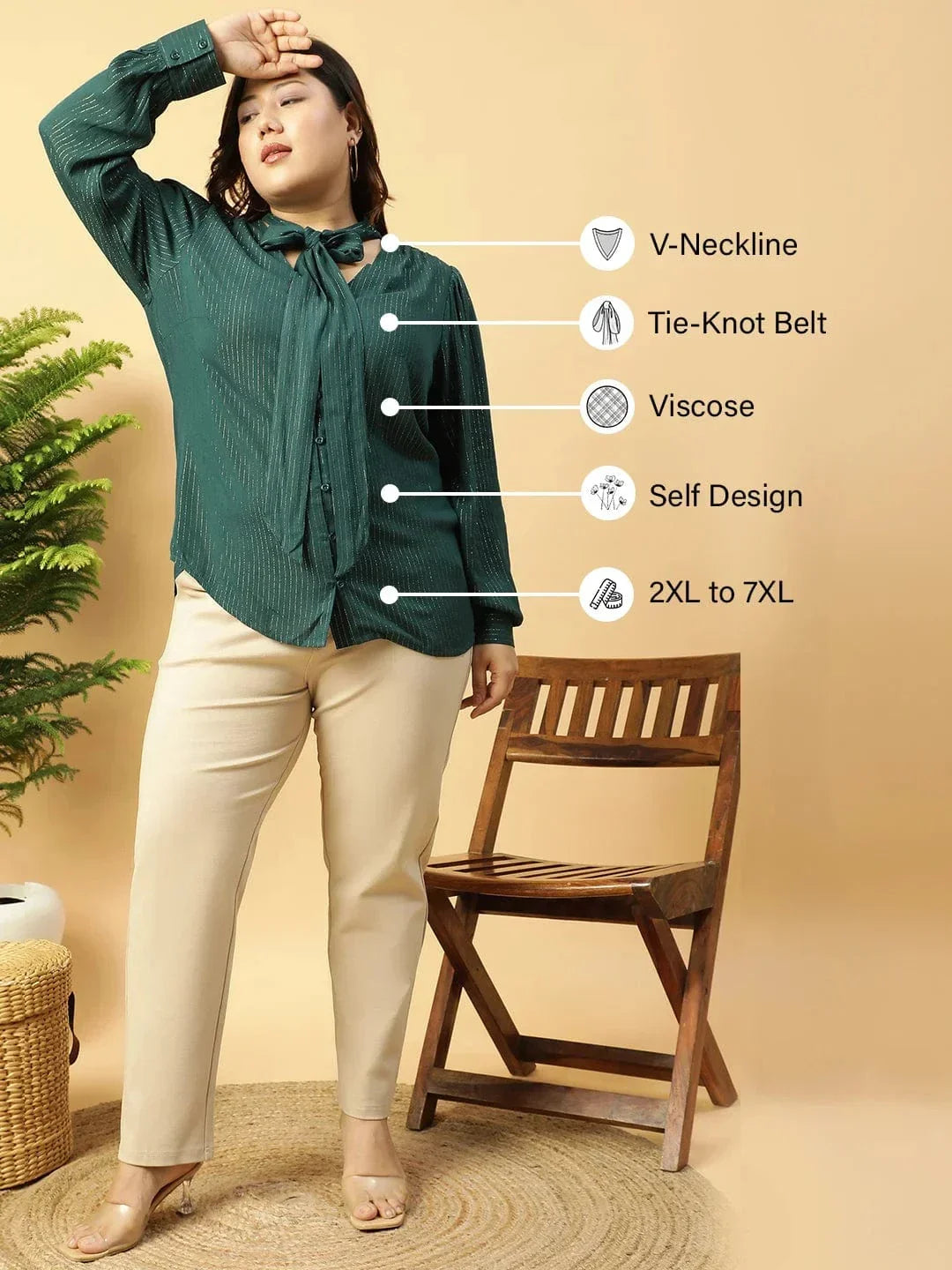 Green Lurex rayon solid V- Neck With Tie-knot Belt Long Sleeve Plus Size Women Top - oxolloxo