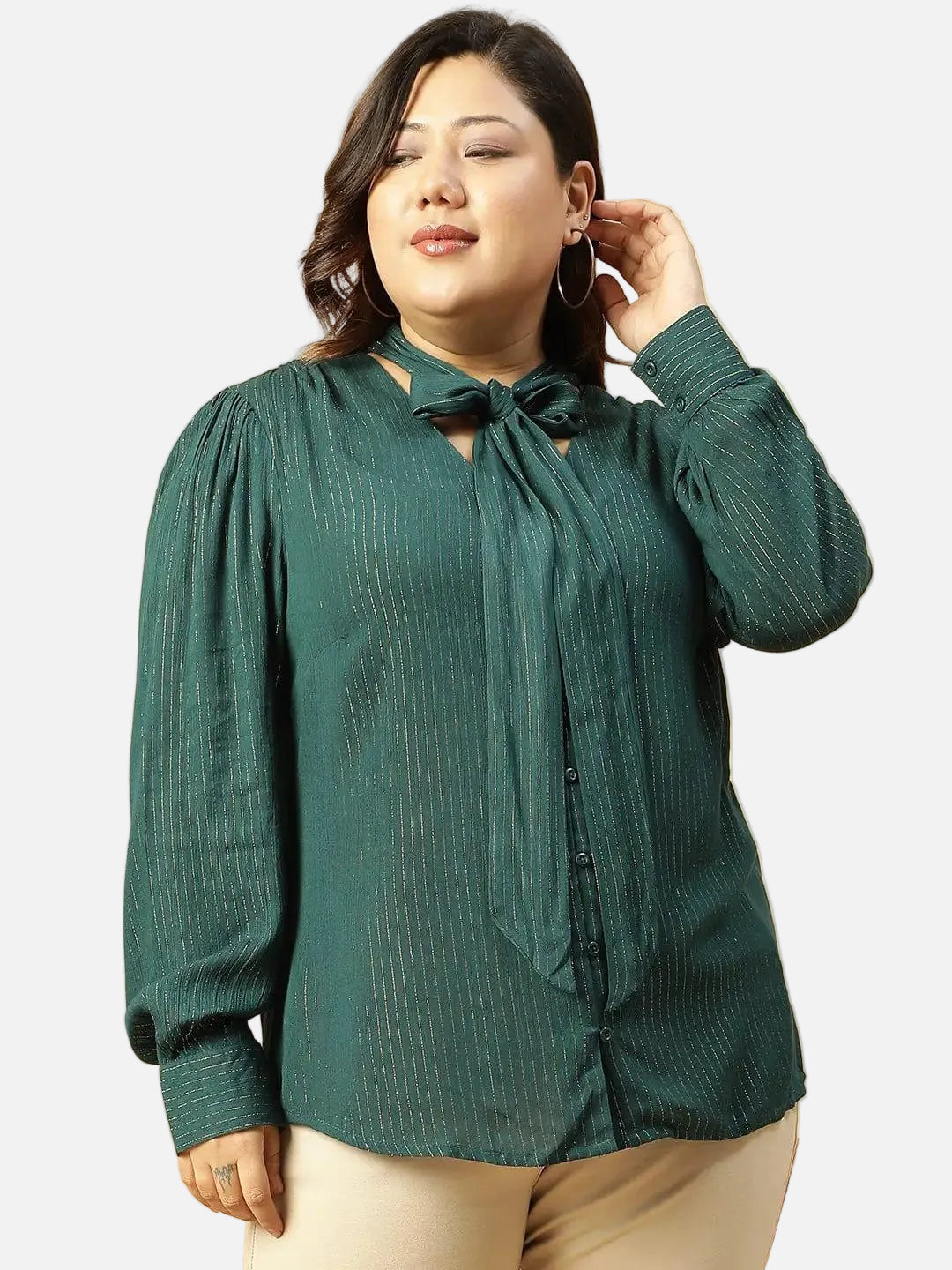 Green Lurex rayon solid V- Neck With Tie-knot Belt Long Sleeve Plus Size Women Top - oxolloxo