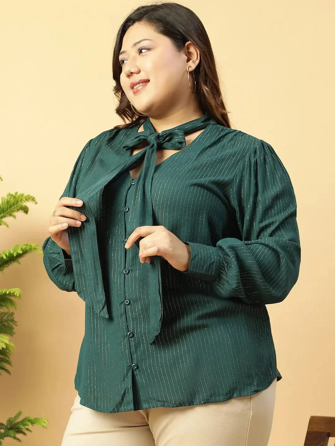 Green Lurex rayon solid V- Neck With Tie-knot Belt Long Sleeve Plus Size Women Top - oxolloxo