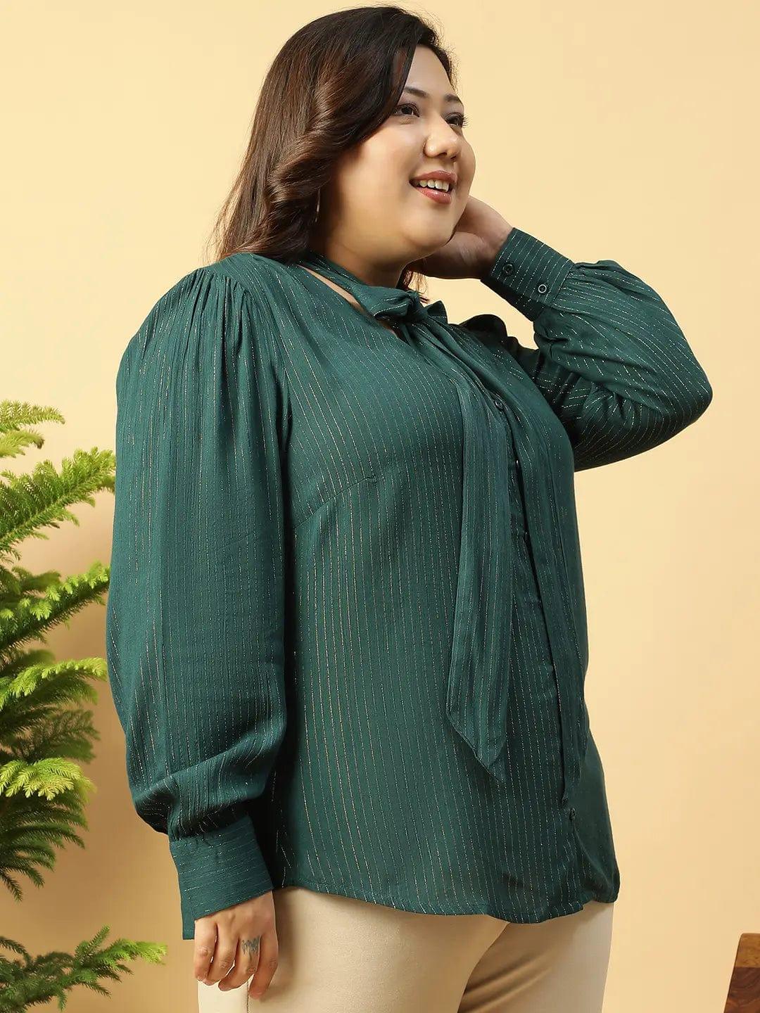 Green Lurex rayon solid V- Neck With Tie-knot Belt Long Sleeve Plus Size Women Top - oxolloxo