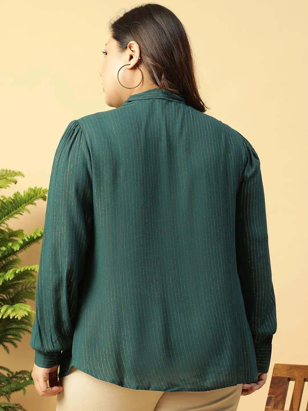 Green Lurex rayon solid V- Neck With Tie-knot Belt Long Sleeve Plus Size Women Top - oxolloxo