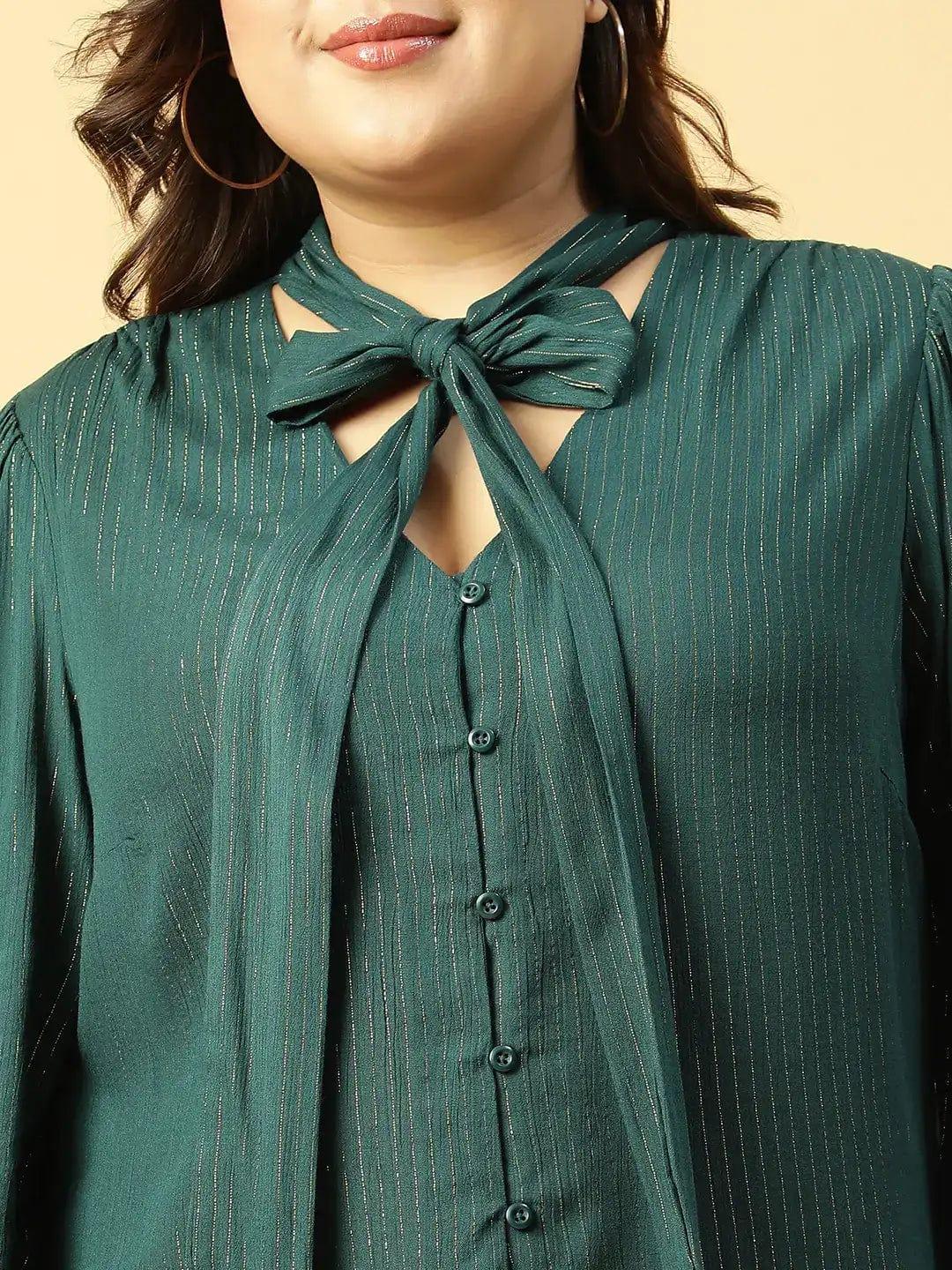 Green Lurex rayon solid V- Neck With Tie-knot Belt Long Sleeve Plus Size Women Top - oxolloxo