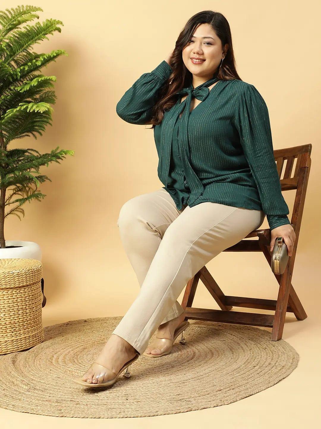 Green Lurex rayon solid V- Neck With Tie-knot Belt Long Sleeve Plus Size Women Top - oxolloxo