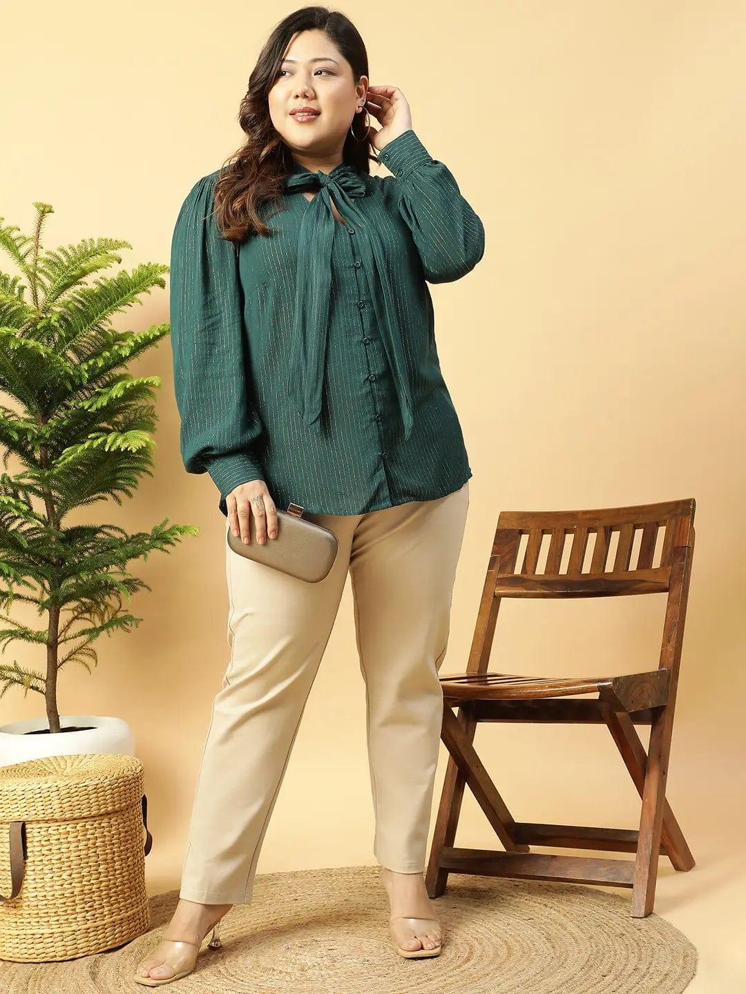 Green Lurex rayon solid V- Neck With Tie-knot Belt Long Sleeve Plus Size Women Top - oxolloxo