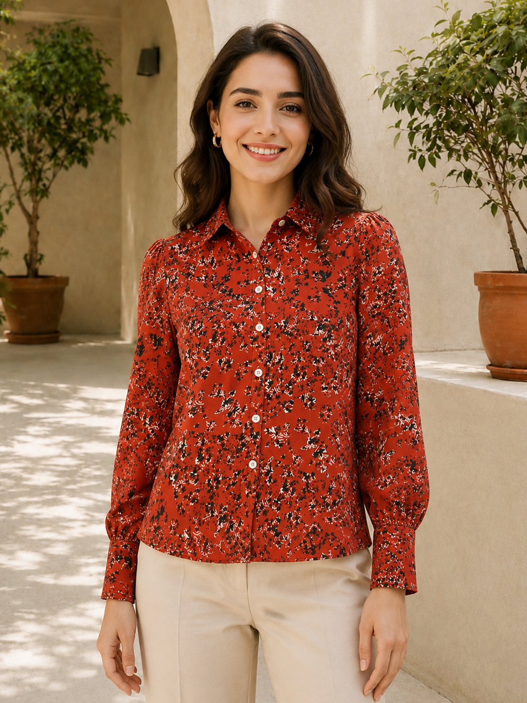 Marron Floral Print Shirt