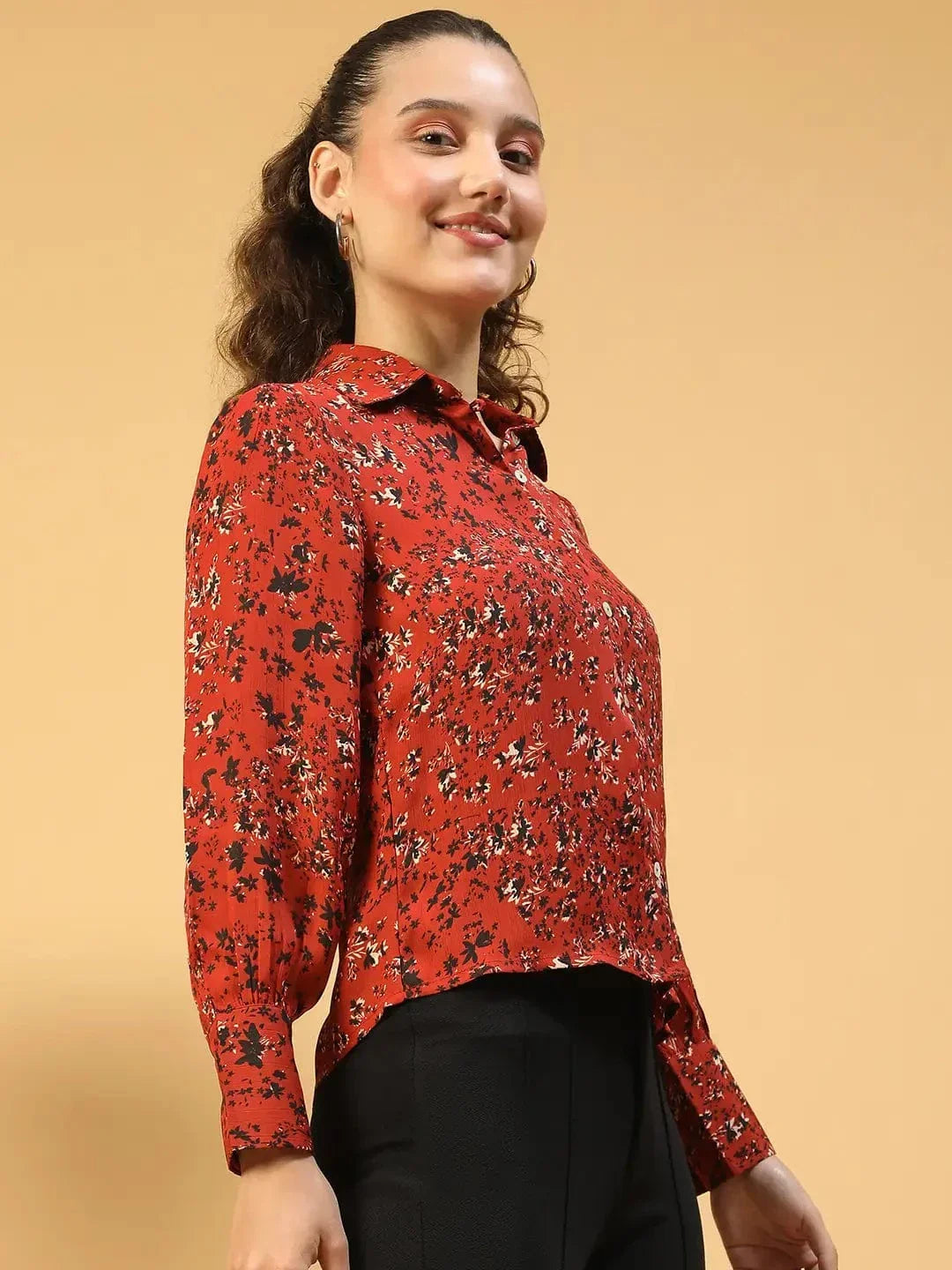 Marron Floral Print Shirt