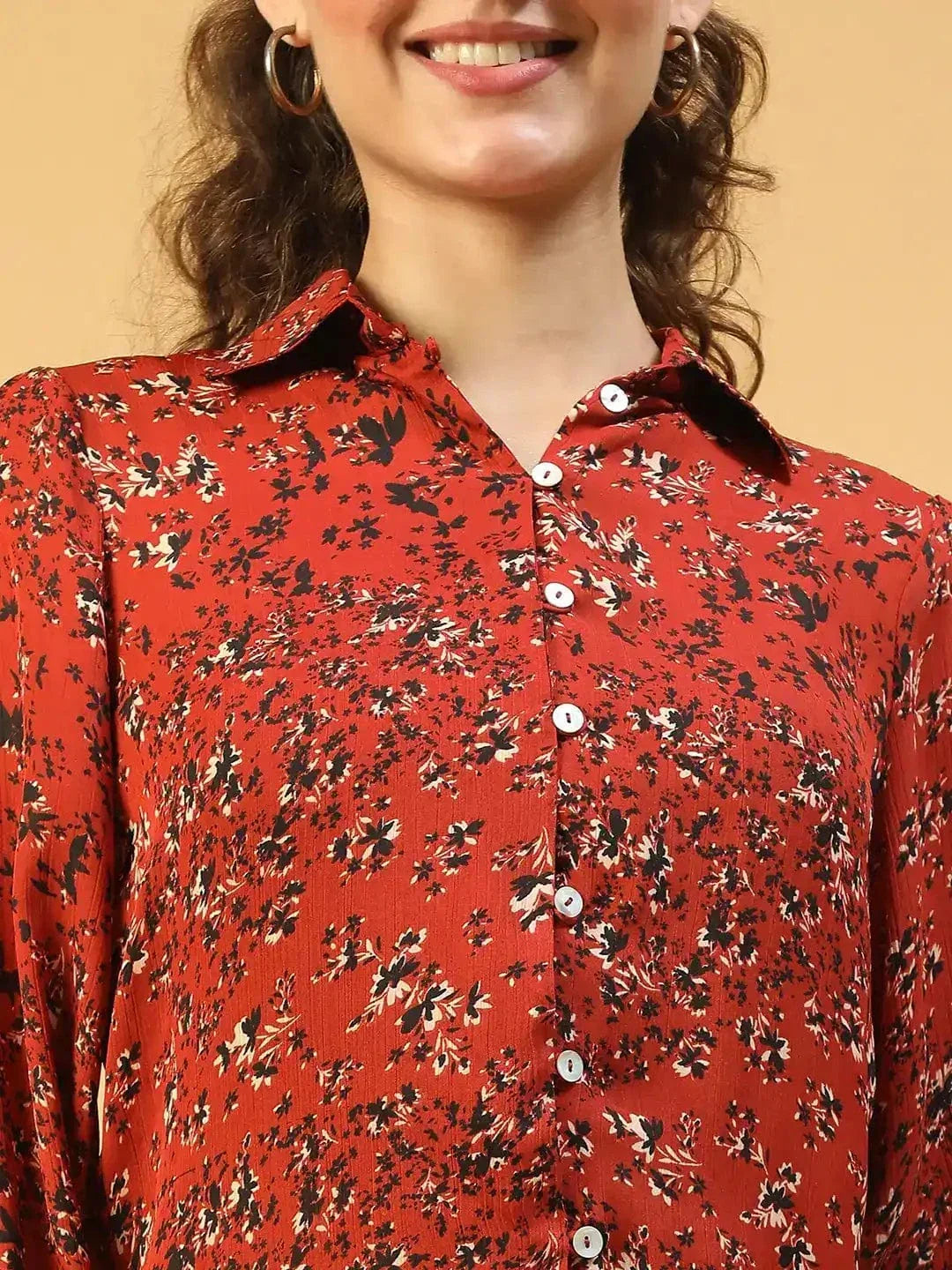 Marron Floral Print Shirt