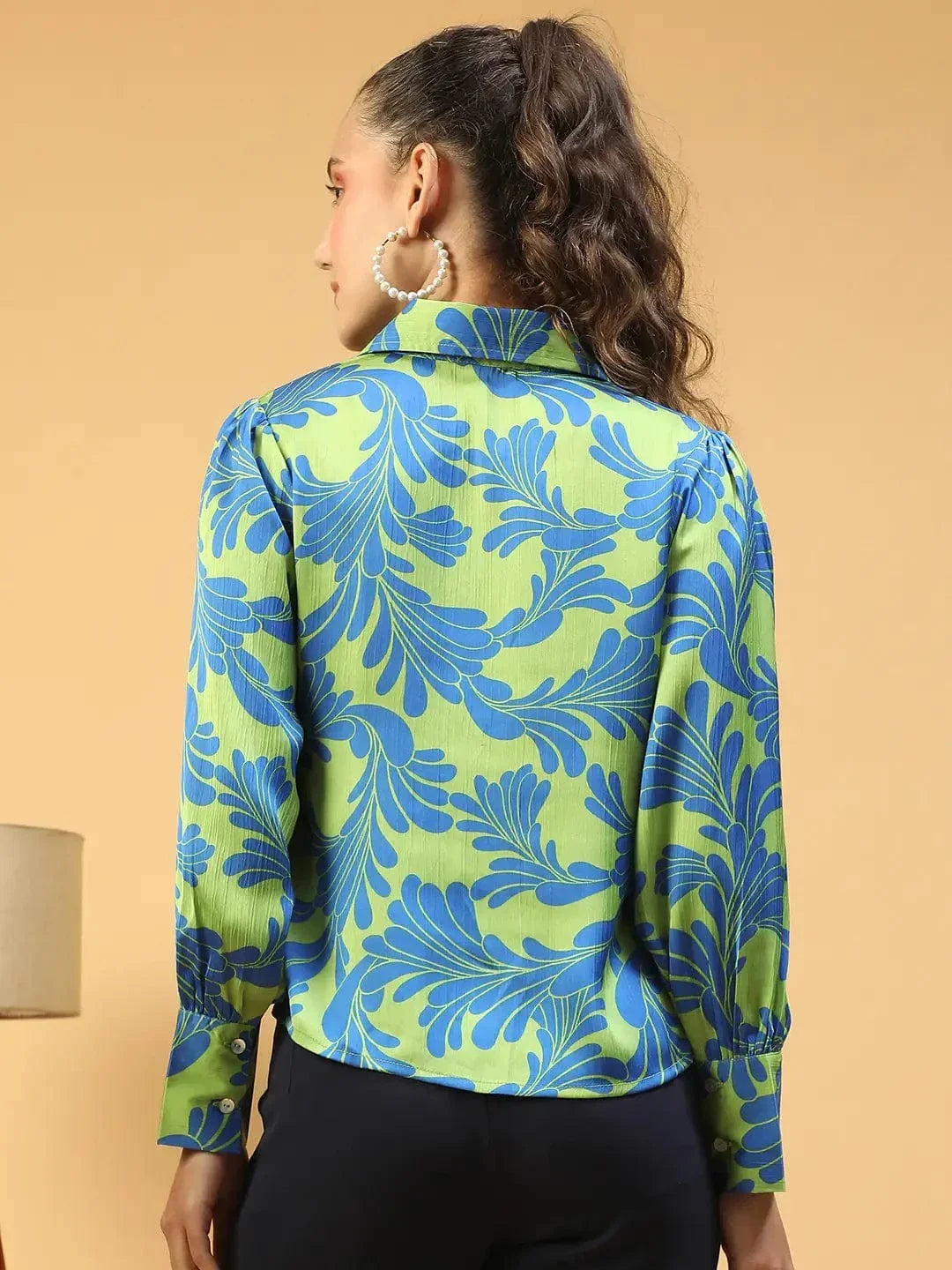 Trendsetter Green Floral Print Collared Long Sleeve Button Down Women Satin Shirt - oxolloxo