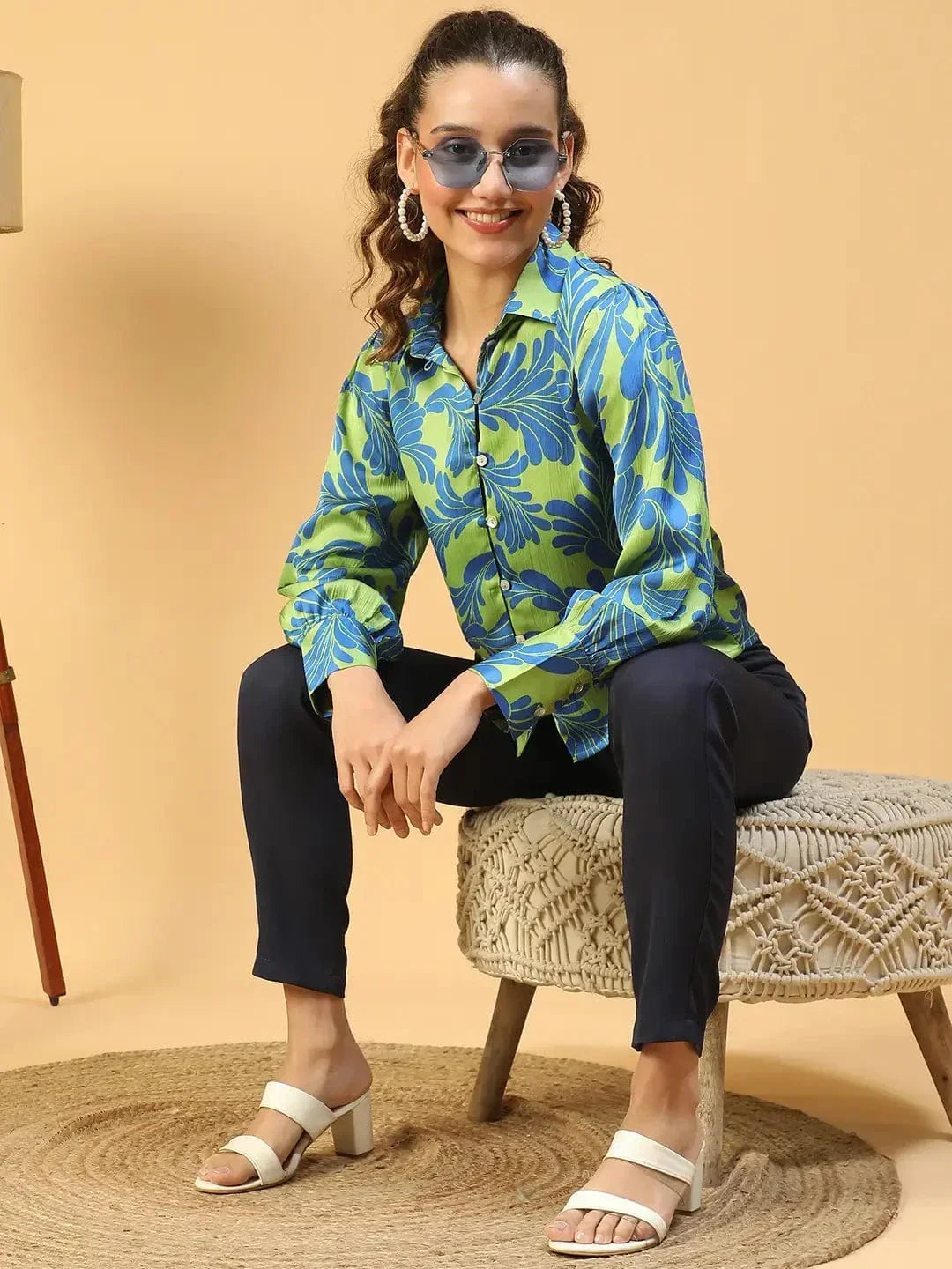 Trendsetter Green Floral Print Collared Long Sleeve Button Down Women Satin Shirt - oxolloxo