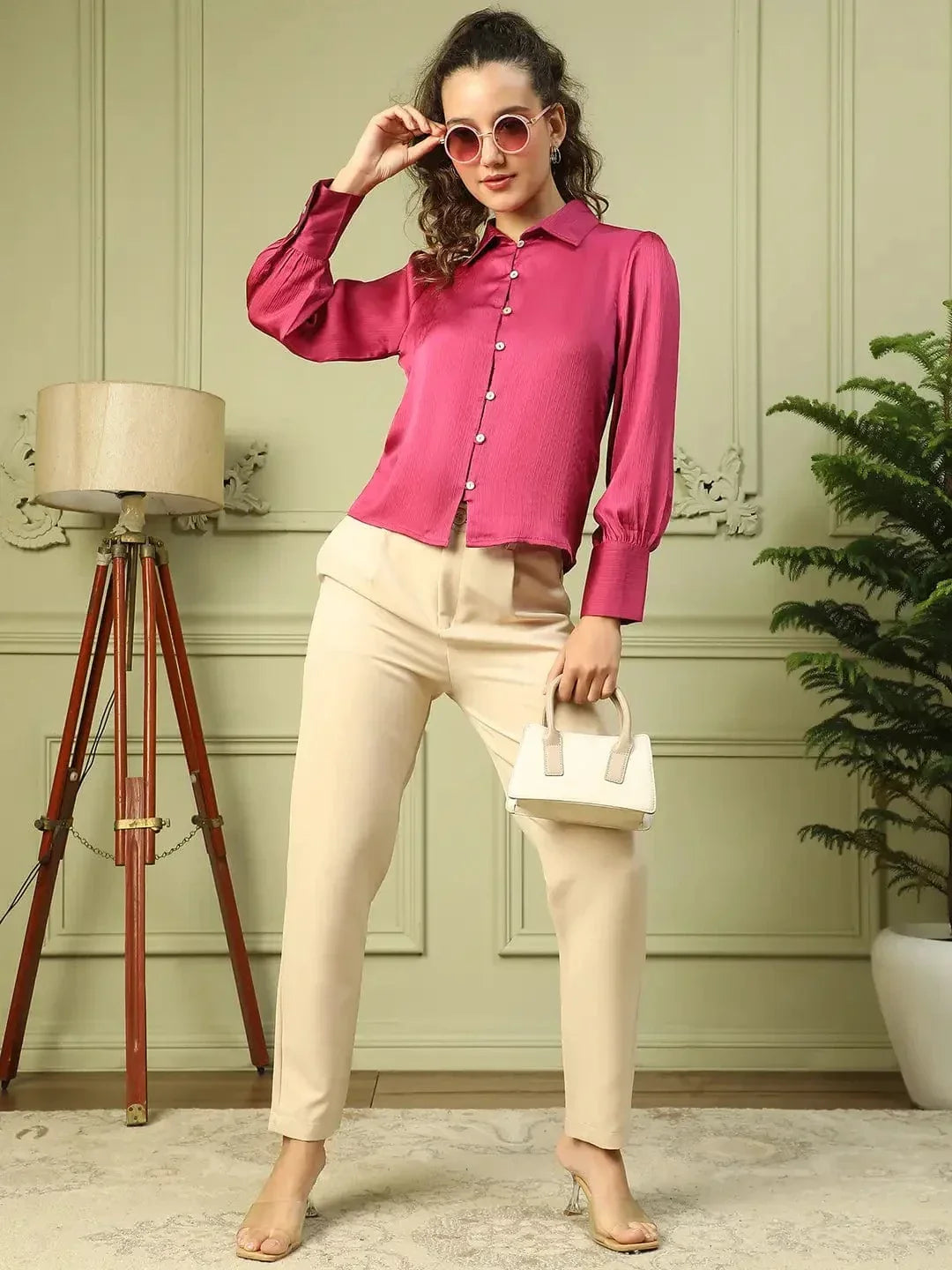 Blazing Purple Collared Long Sleeve Button Down Women Satin Shirt - oxolloxo