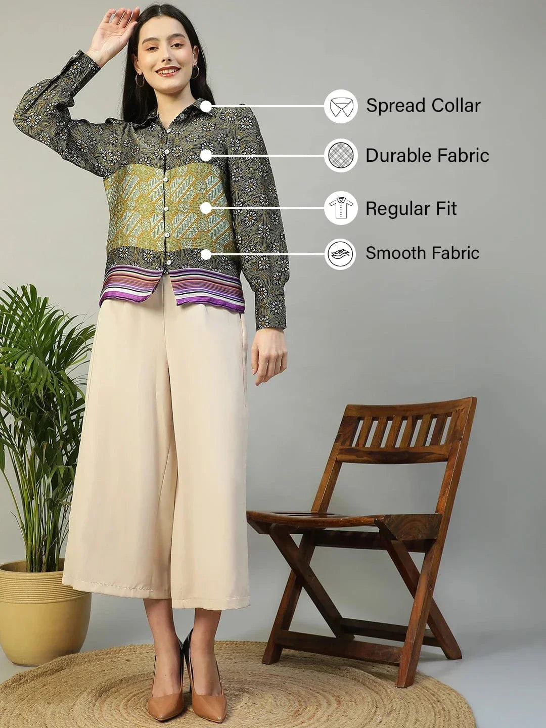 Multicolor Printed Collared Button Down Long Sleeve Women Shirt - oxolloxo