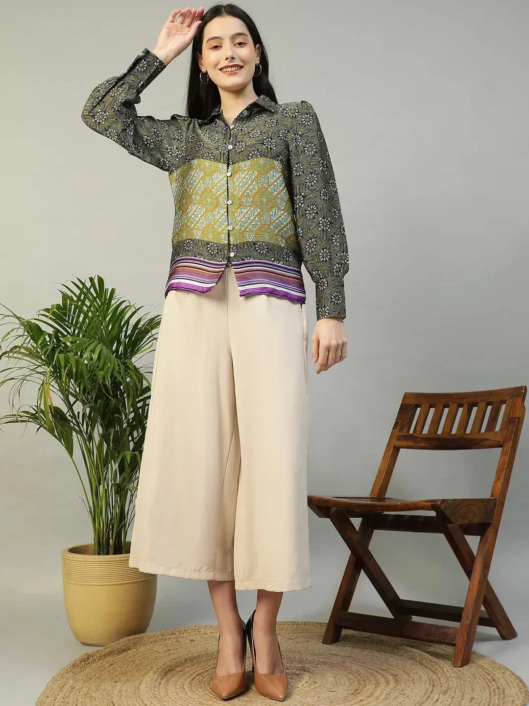 Multicolor Printed Collared Button Down Long Sleeve Women Shirt - oxolloxo