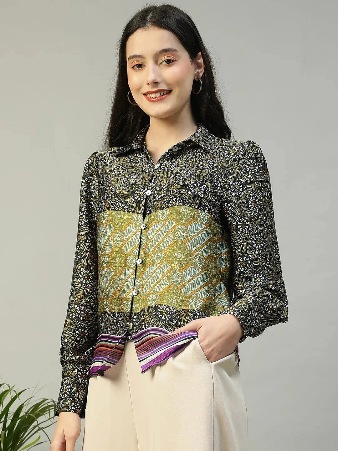 Multicolor Printed Collared Button Down Long Sleeve Women Shirt - oxolloxo