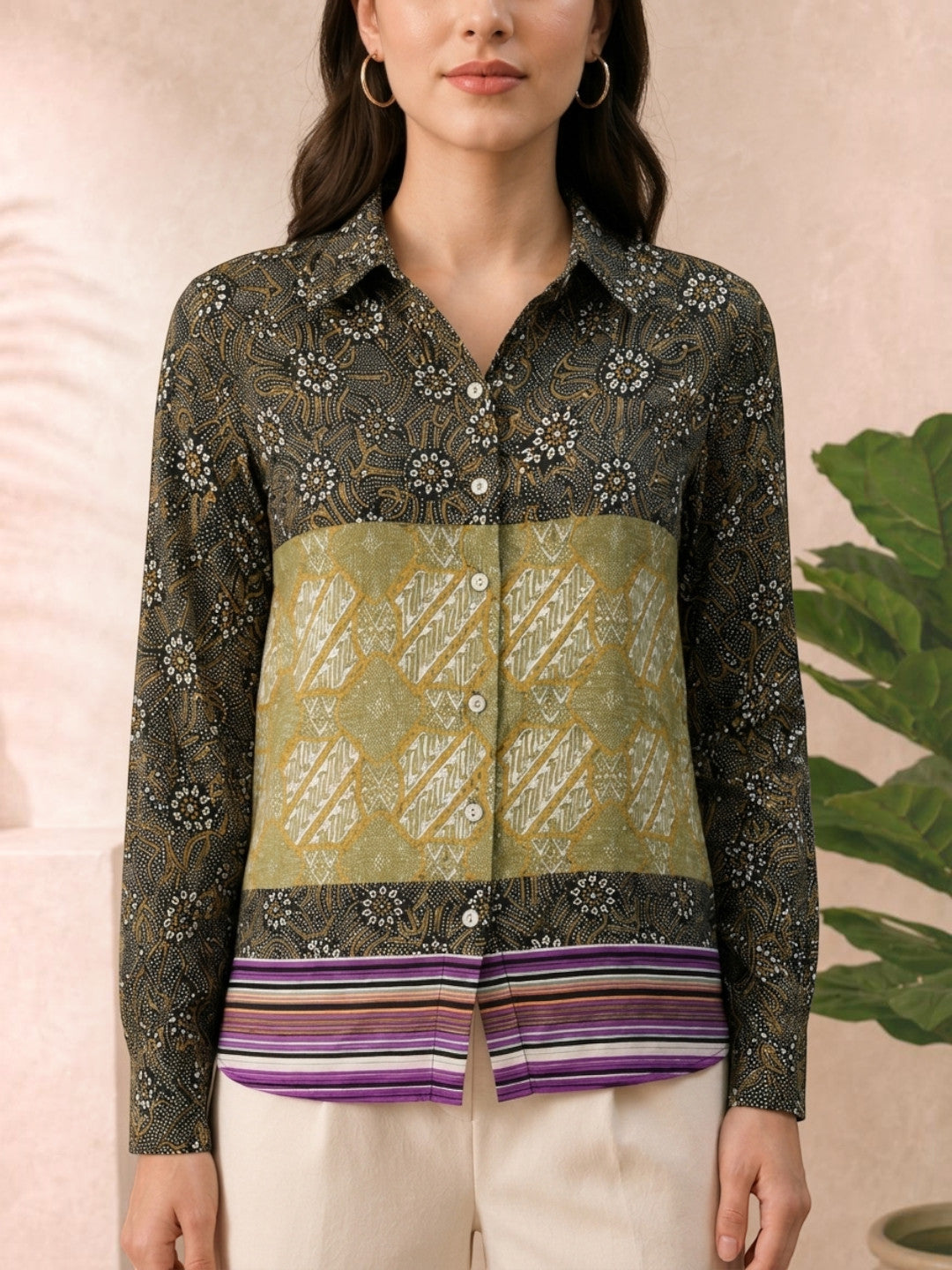Women's long sleeve button-up blouse with floral and geometric batik print, plus size fashion
