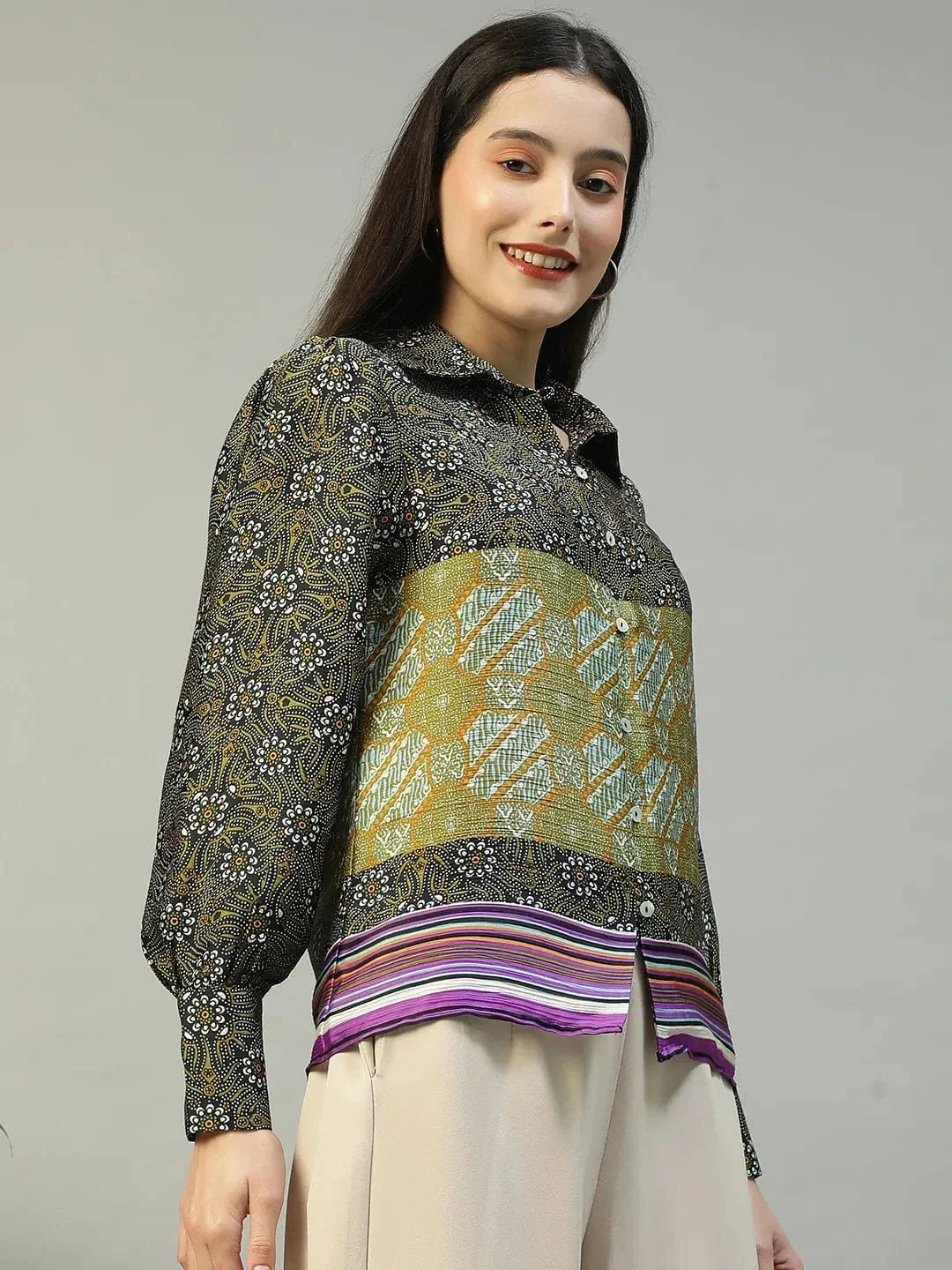 Multicolor Printed Collared Button Down Long Sleeve Women Shirt - oxolloxo