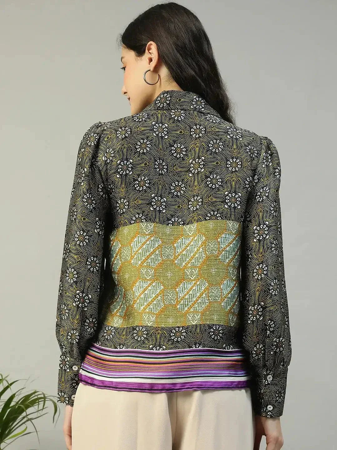 Multicolor Printed Collared Button Down Long Sleeve Women Shirt - oxolloxo