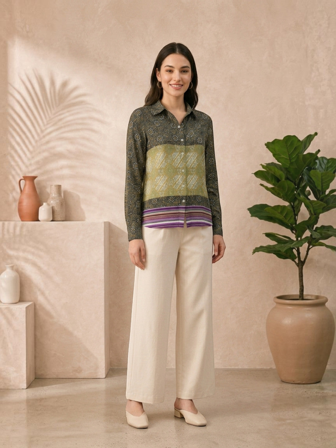 Woman wearing patterned button-up blouse with wide-leg cream pants, stylish plus size outfit