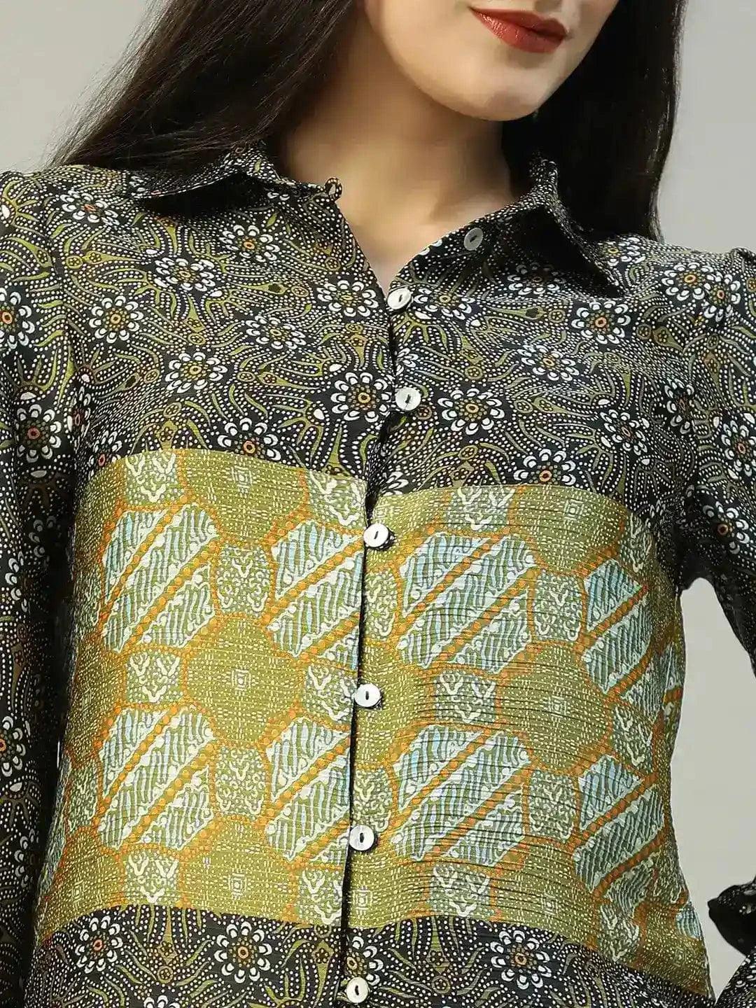 Multicolor Printed Collared Button Down Long Sleeve Women Shirt - oxolloxo