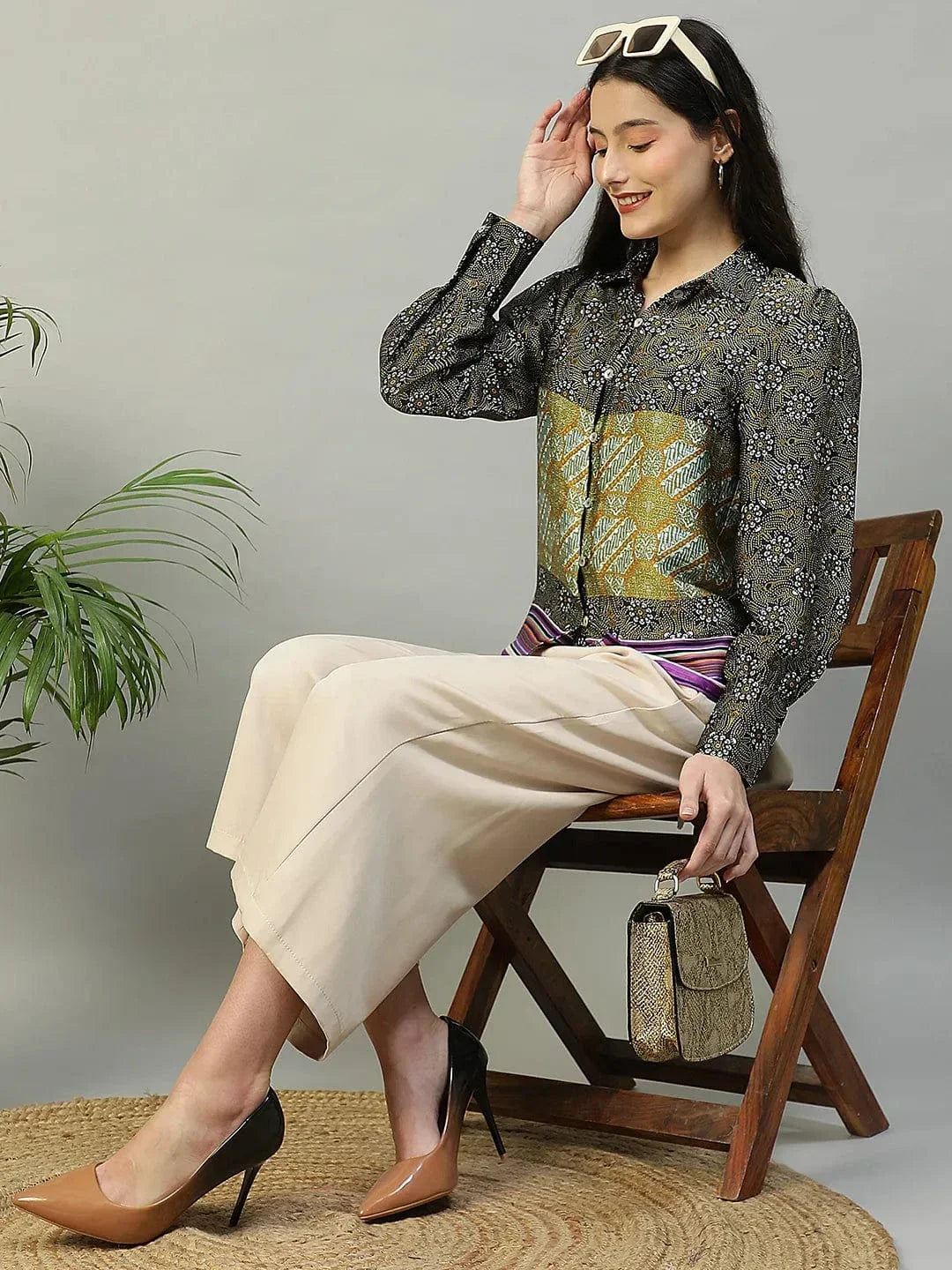 Multicolor Printed Collared Button Down Long Sleeve Women Shirt - oxolloxo