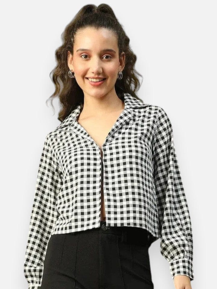 Black Check Print Crop Shirt