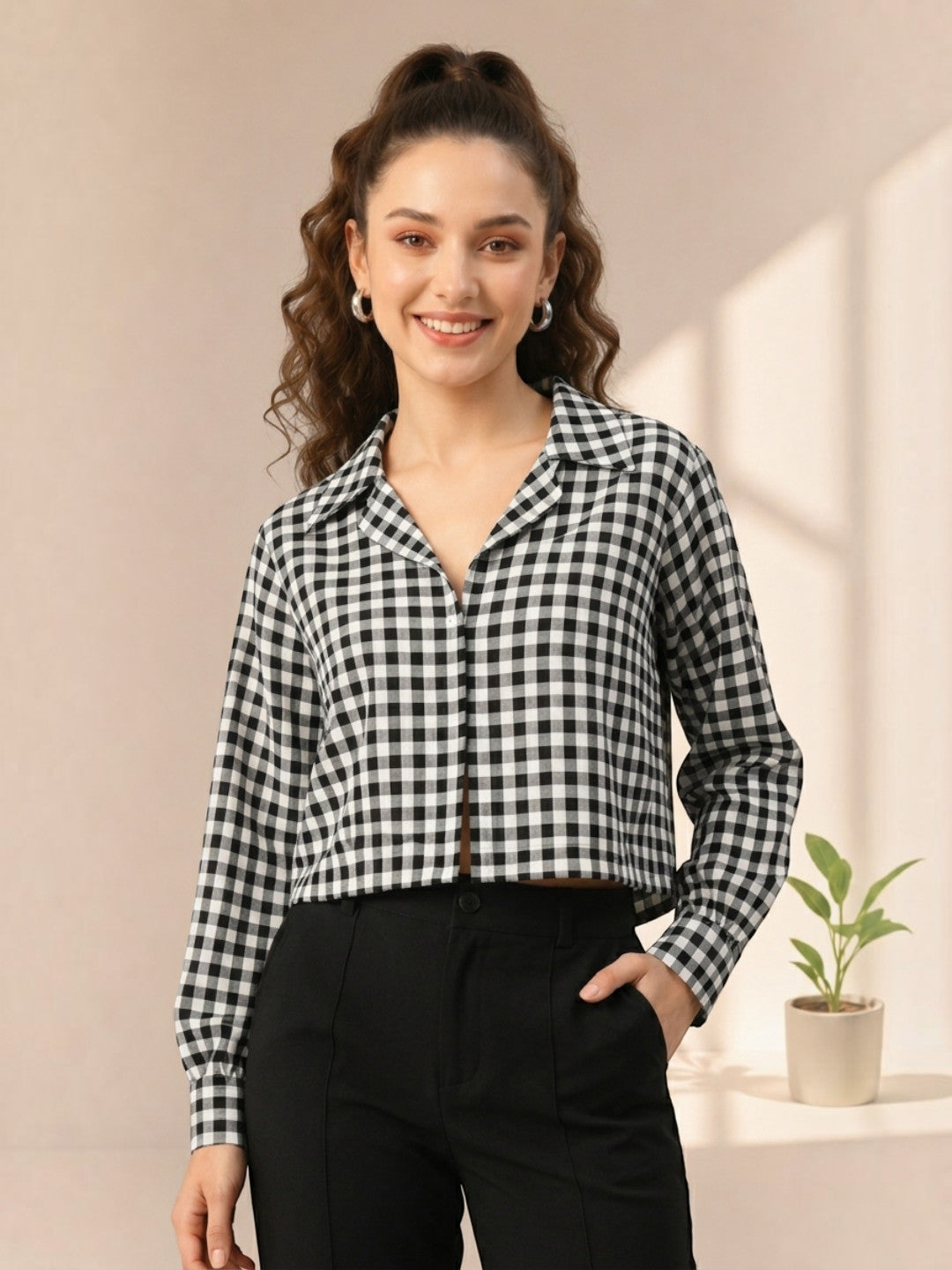 Black Check Print Crop Shirt
