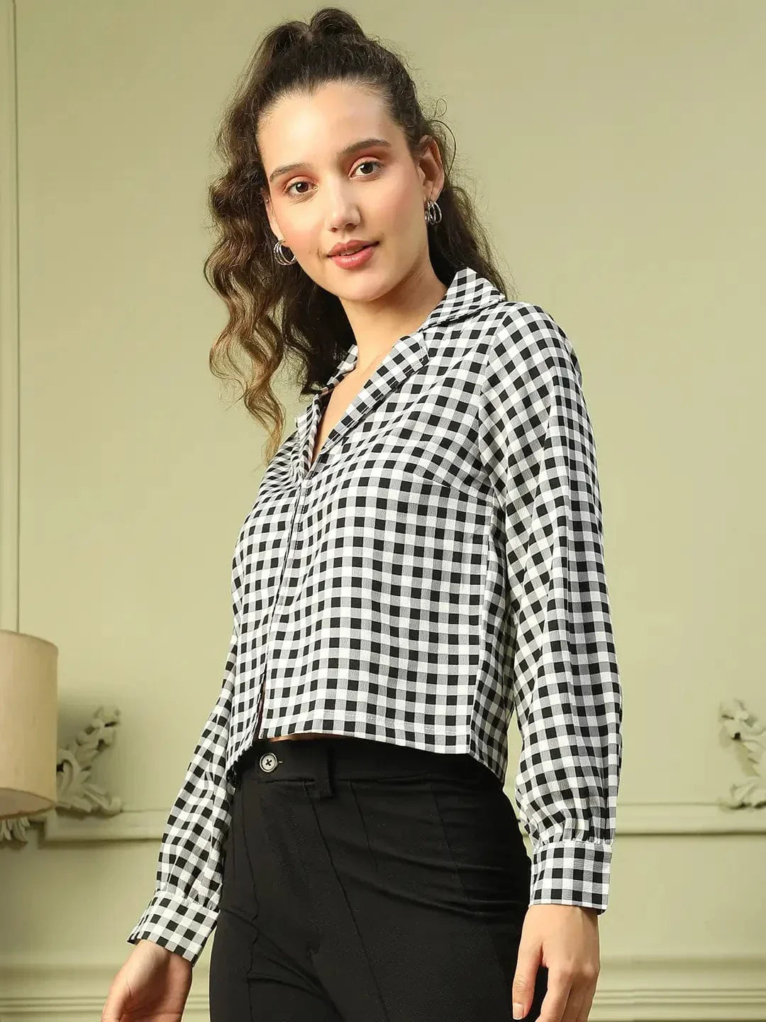Gleam Black Check Print Long Sleeve Open Collared Button Down Women Crop Shirt - oxolloxo