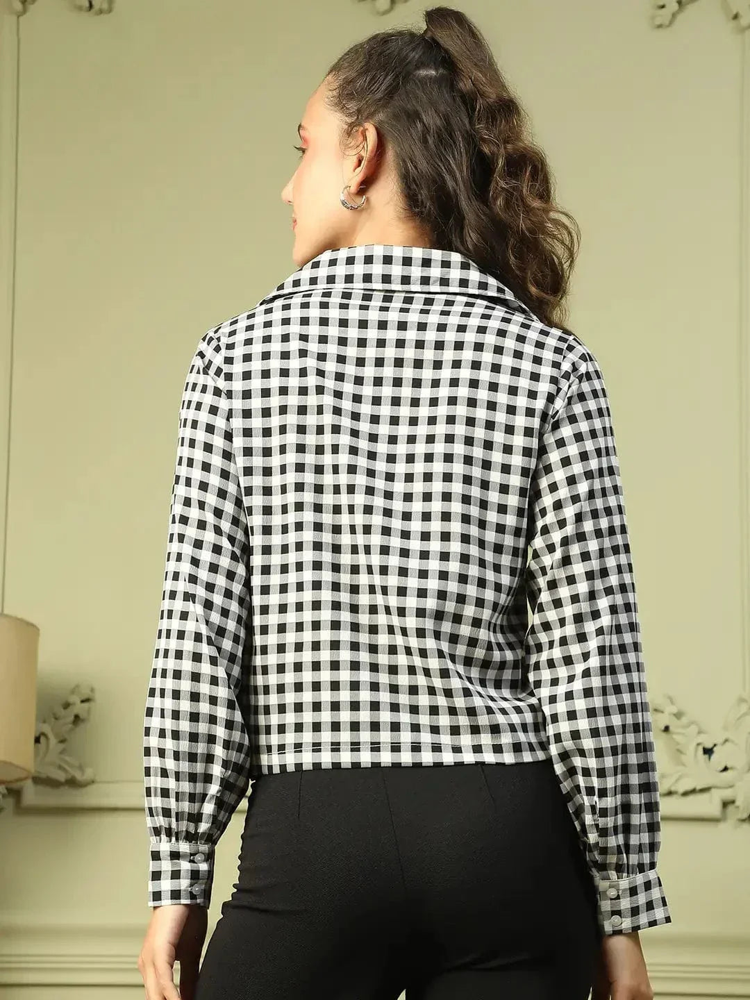 Gleam Black Check Print Long Sleeve Open Collared Button Down Women Crop Shirt - oxolloxo