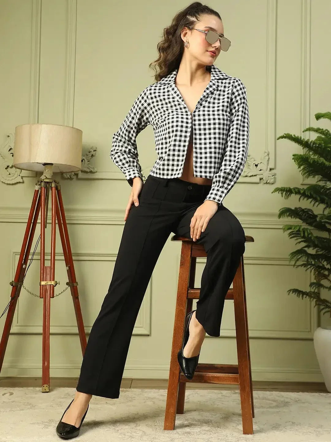 Gleam Black Check Print Long Sleeve Open Collared Button Down Women Crop Shirt - oxolloxo