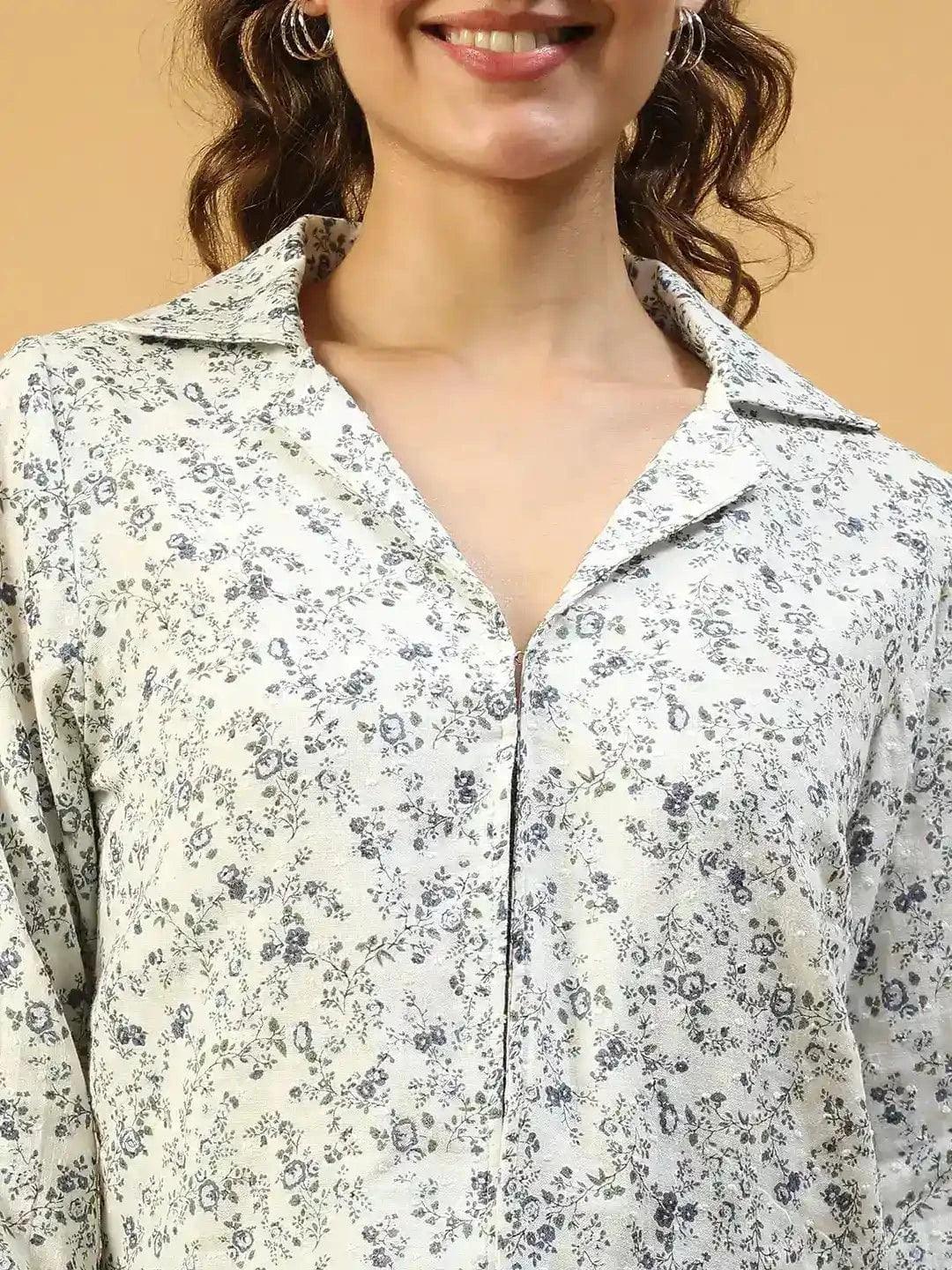 Pop Off White Dobby Meld Long Sleeve Open Collared Button Down Women Cotton Crop Shirt - oxolloxo