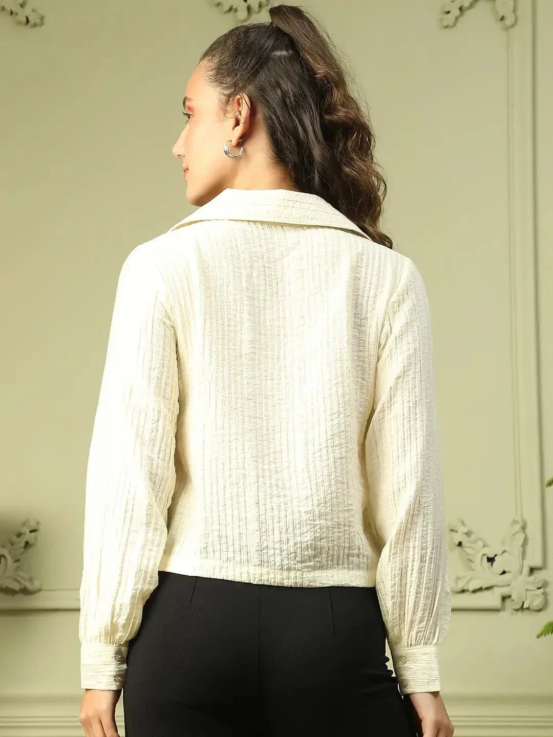 Flexy Yellow Dobby Meld Long Sleeve Open Collared Button Down Women Crop Shirt - oxolloxo