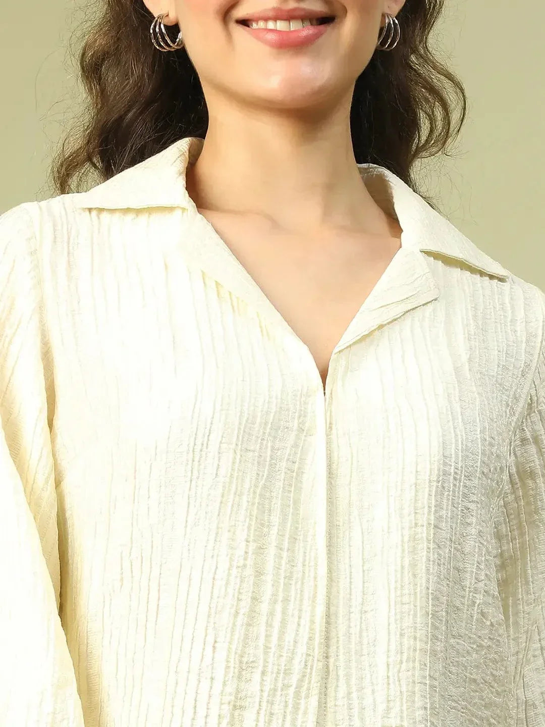 Flexy Yellow Dobby Meld Long Sleeve Open Collared Button Down Women Crop Shirt - oxolloxo