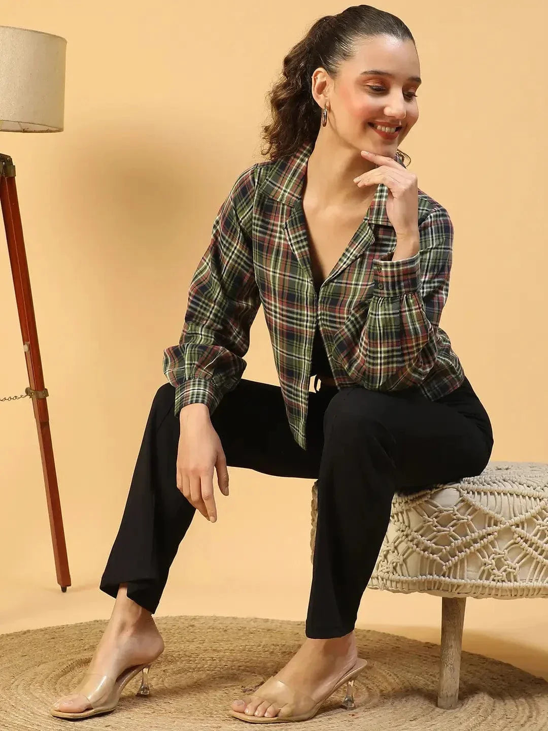 Multicolor Check Print Long Sleeve Open Collared Button Down Women Crop Shirt - oxolloxo