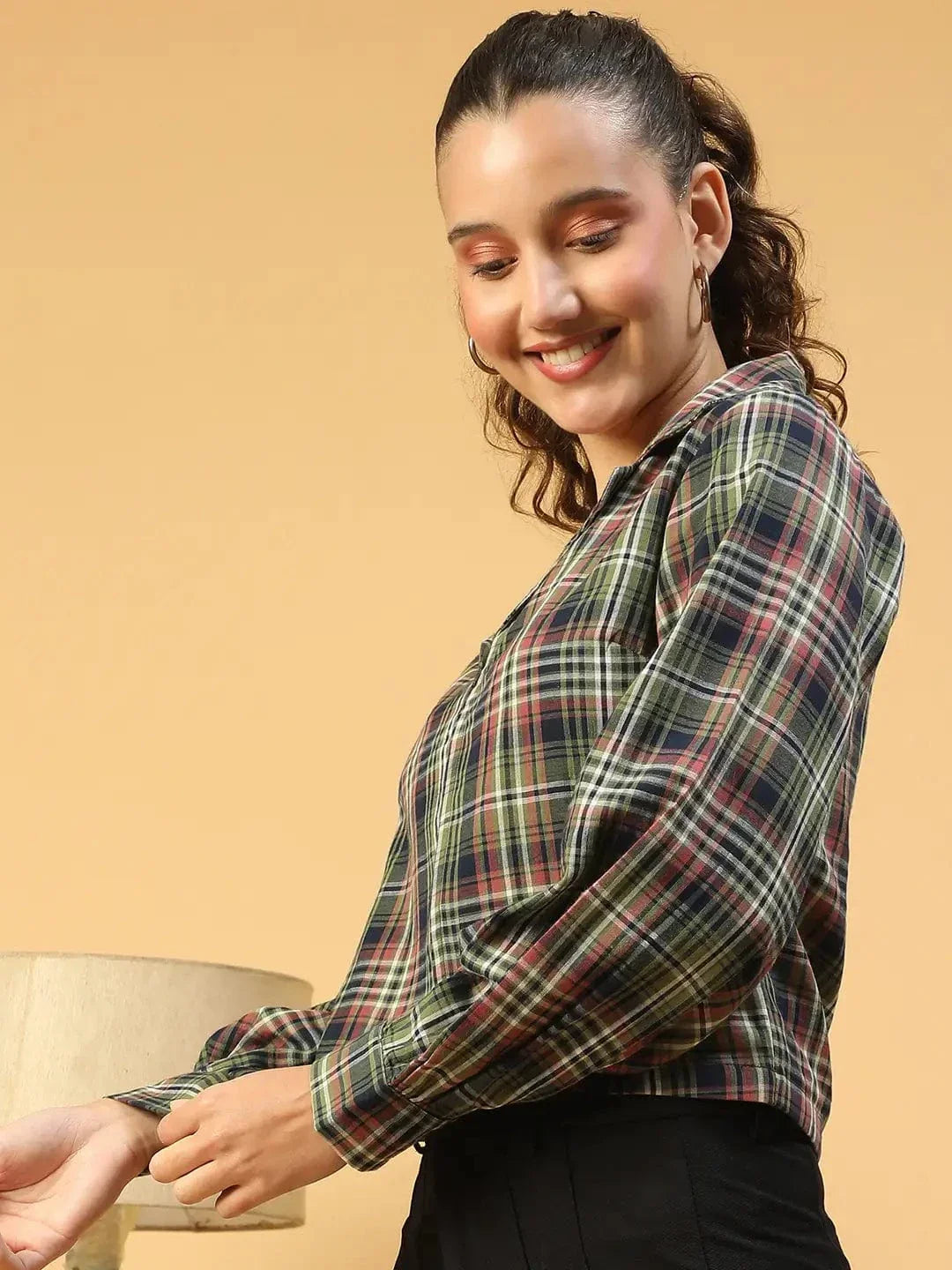 Multicolor Check Print Long Sleeve Open Collared Button Down Women Crop Shirt - oxolloxo